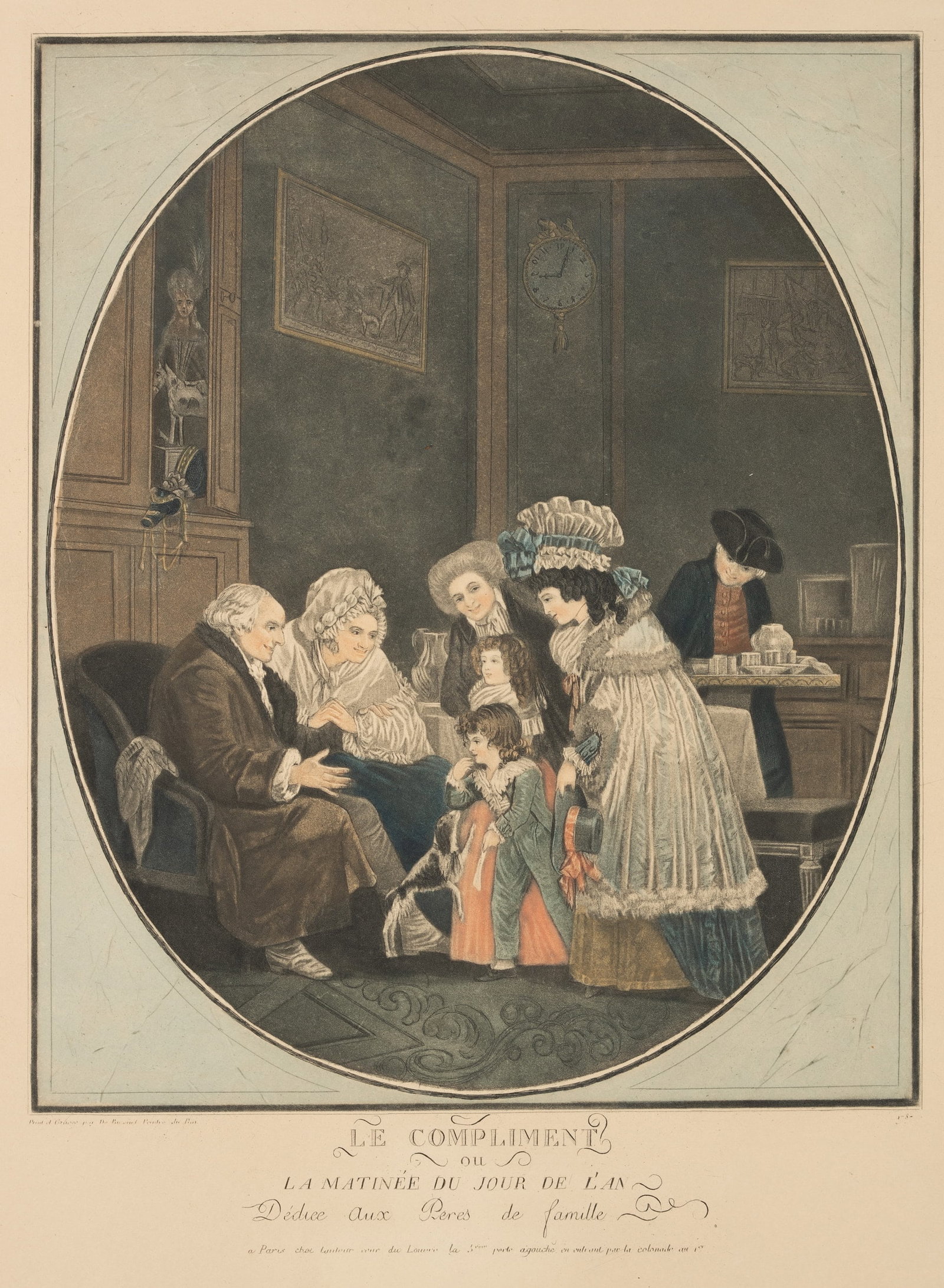 P. DEBUCOURT (*1755), The Compliment, or New Year’s Day Matinee., 1787, Aquatint: Philibert Louis Debucourt (1755 - 1832 ): Le Compliment ou la matinée du jour de l'an Prosperous interior with family around boys on New Year's morning, 1787, Aquatint Technique: Hand colored Aqu