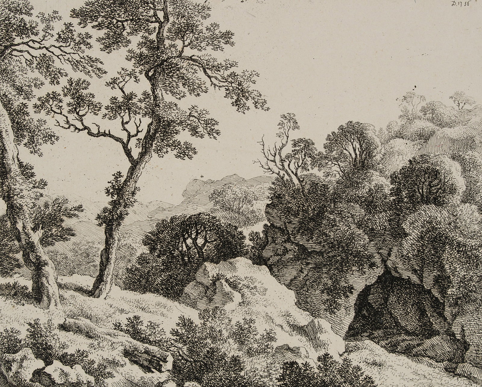 F. RECHBERGER (*1771) after DIETRICY (*1712), Hilly landscape, 1756, Etching: Franz Rechberger (1771 - 1841 ) after Dietricy: Christian Wilhelm Ernst Dietrich (1712 Weimar - 1774 Dresden): Hilly natural landscape with rich vegetation, 1756, Etching Technique: Etching on Paper I