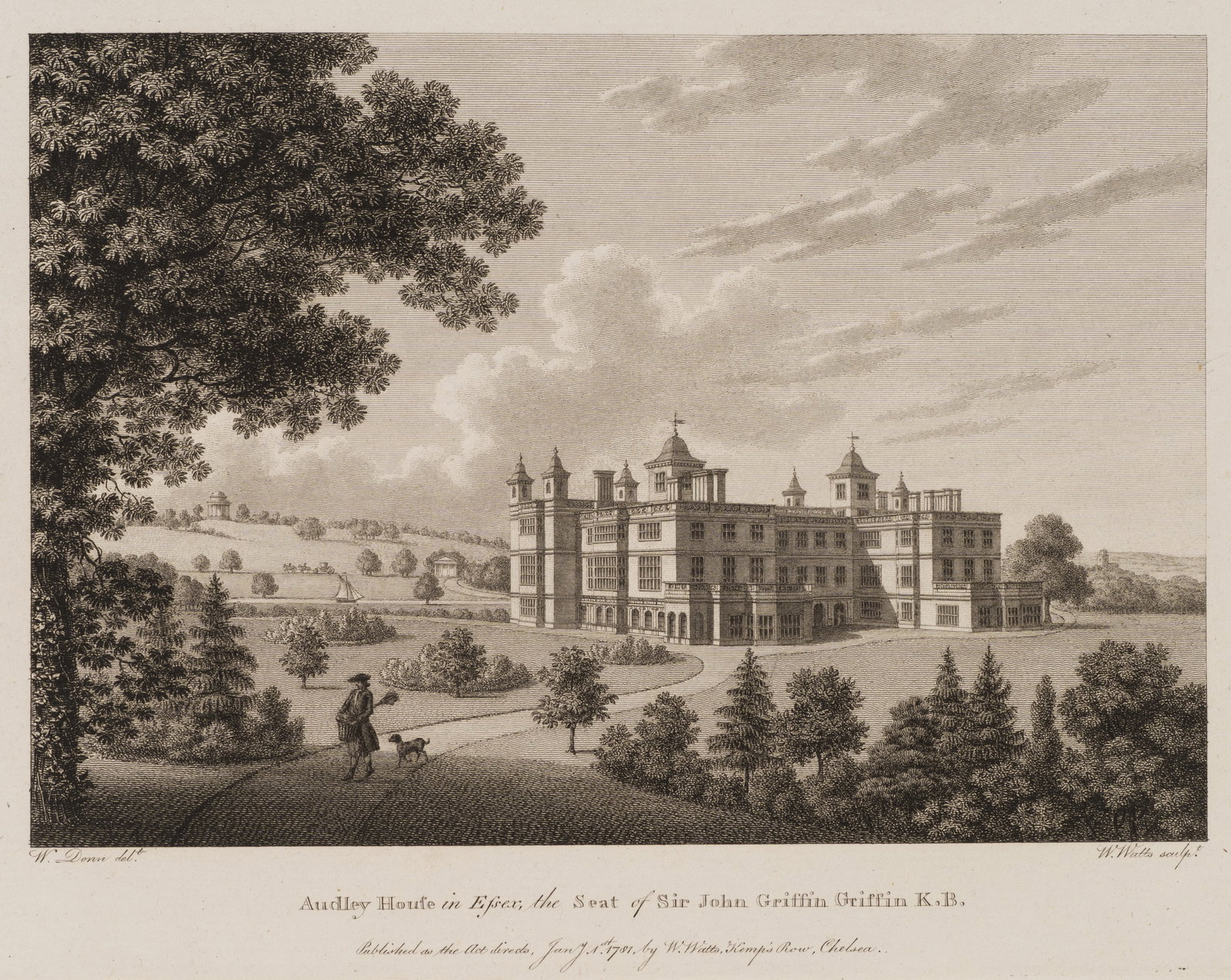 W. WATTS (*1752) after DONN (18th), Audley House in Essex, 1781, Etching: William Watts (1752 - 1851 ) after William Donn (18th century): Audley House in Essex Audley House in Essex, country residence of Sir John Griffin Griffin in parkland, 1781, Etching Technique: Etching