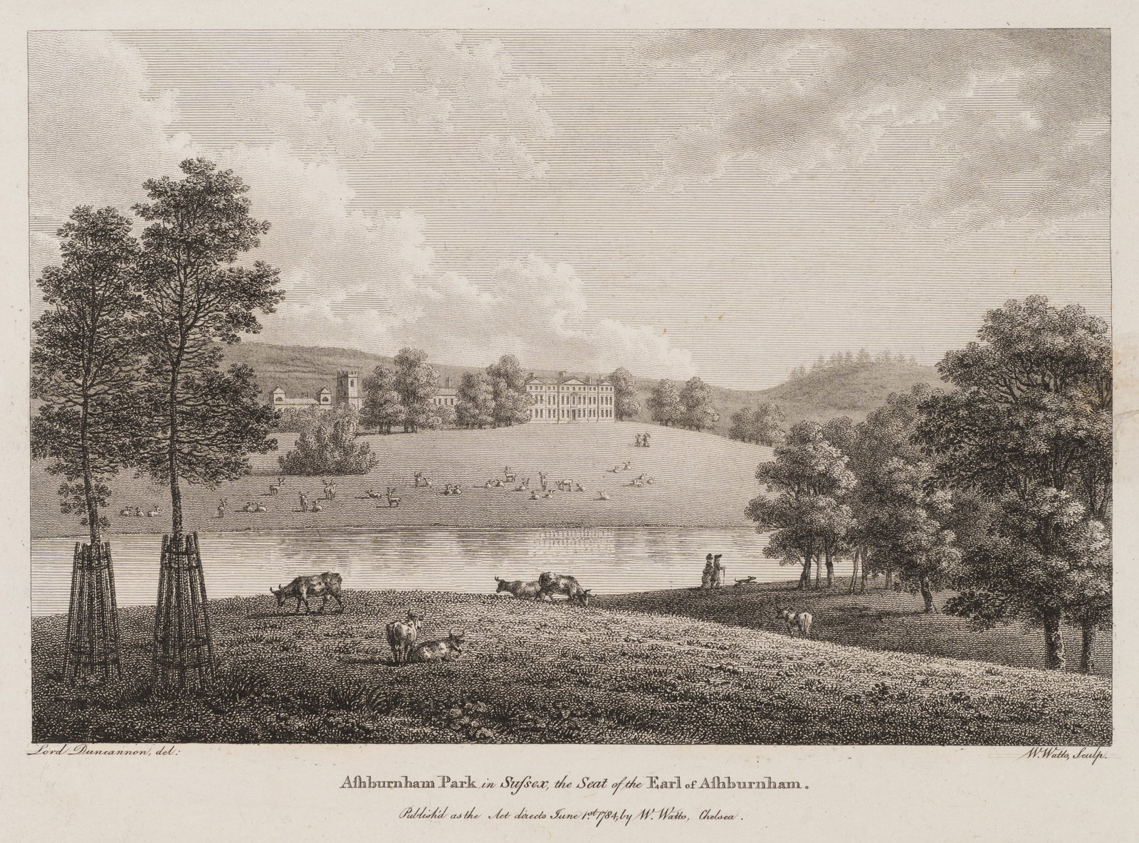 W. WATTS (*1752) after DUNCANNON (*1758), Ashburnham Park in Sussex, 1784, Etching: William Watts (1752 - 1851 ) after Frederick Duncannon (1758 - 1844 ): Ashburnham Park in Sussex Park view of Ashburnham Park in Sussex with lake, cattle and manor house, 1784, Etching Technique: Etch