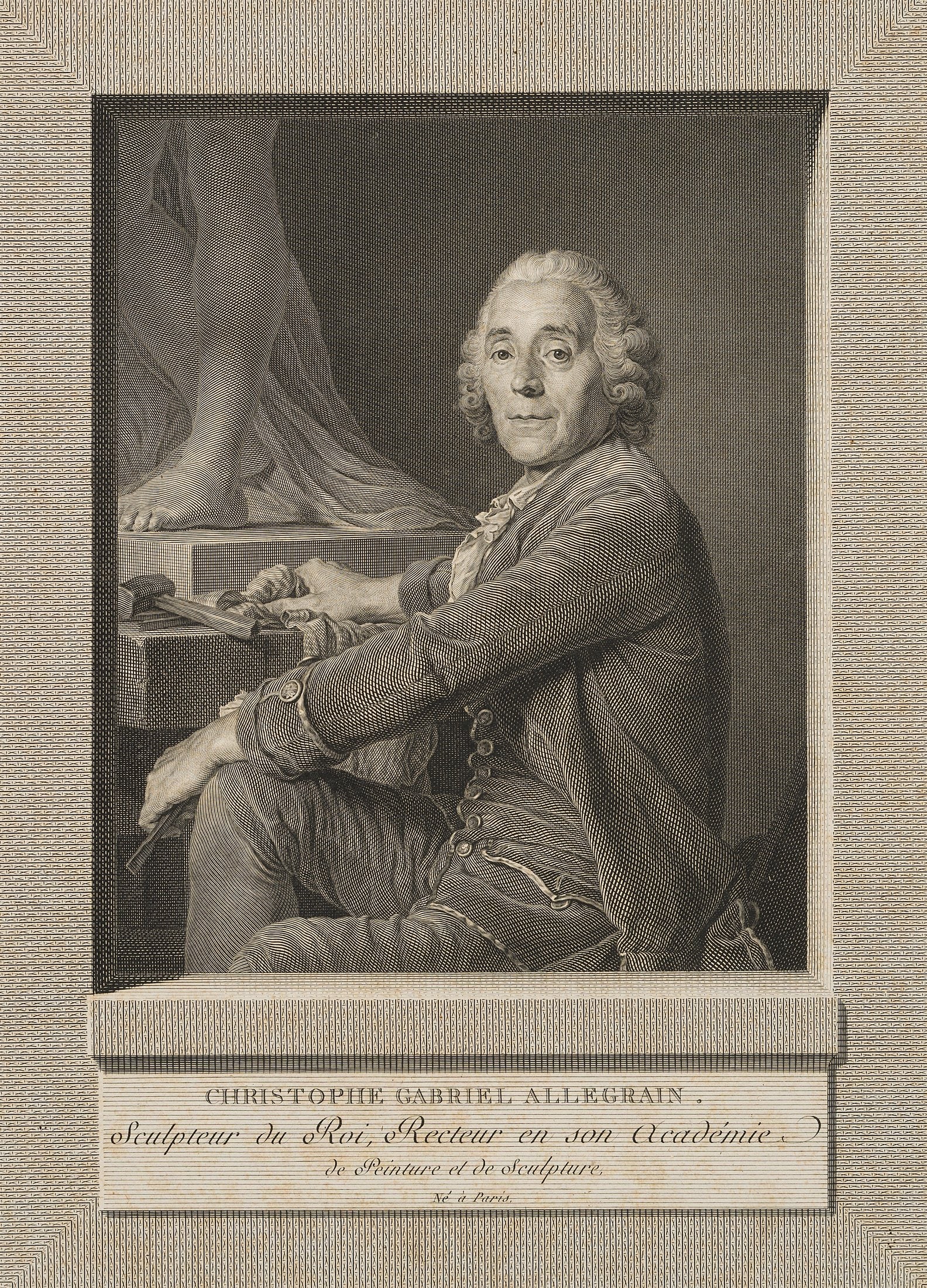 I. KLAUBER (*1753) after DUPLESSIS-BERTAUX (*1747), A portrait of Christian Allegrain, 1787, Etchin: Ignaz Sebastian Klauber (1753 Augsburg - 1817 St. Petersburg) after Jean Duplessis-Bertaux (1747 Paris - 1820 ibid.): Portrait of the sculptor Christian-Gabriel Allegrain on a sculpture, 1787, Etching