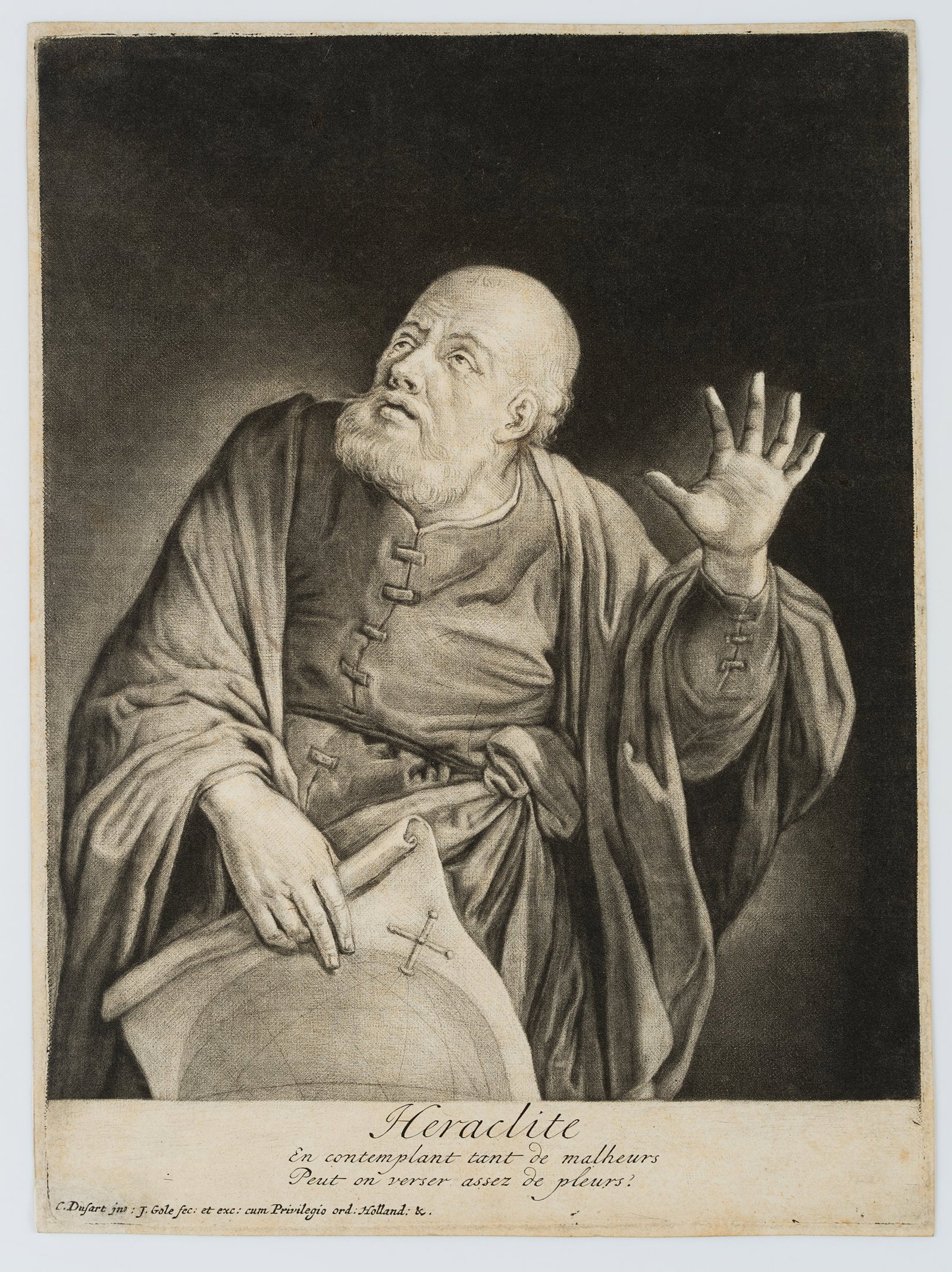 J. GOLE (*1660) after DUSART (*1660), Heraclitus of Ephesus, around 1700, Mezzotint (1 of 4)