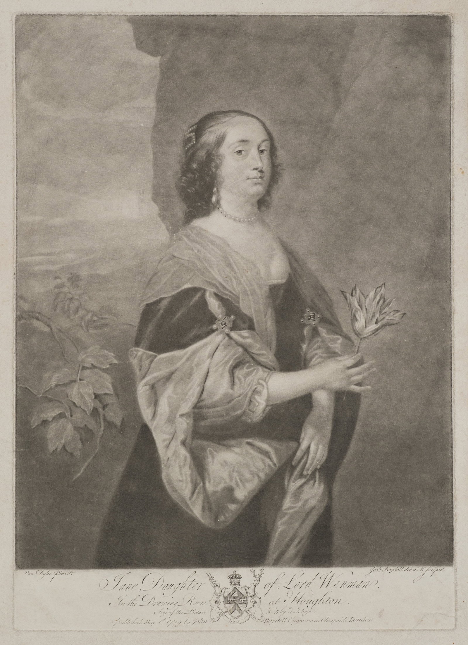 J. BOYDELL (*1719) after DYCK (*1599), A portrait of Jane Goodwin, 1779, Mezzotint: John Boydell (1719 - 1804 ) after Anthonis van Dyck (1599 Antwerp - 1641 London): Portrait of Jane Goodwin, née Wenman with lily, 1779, Mezzotint Technique: Mezzotint on Paper Inscription: At the
