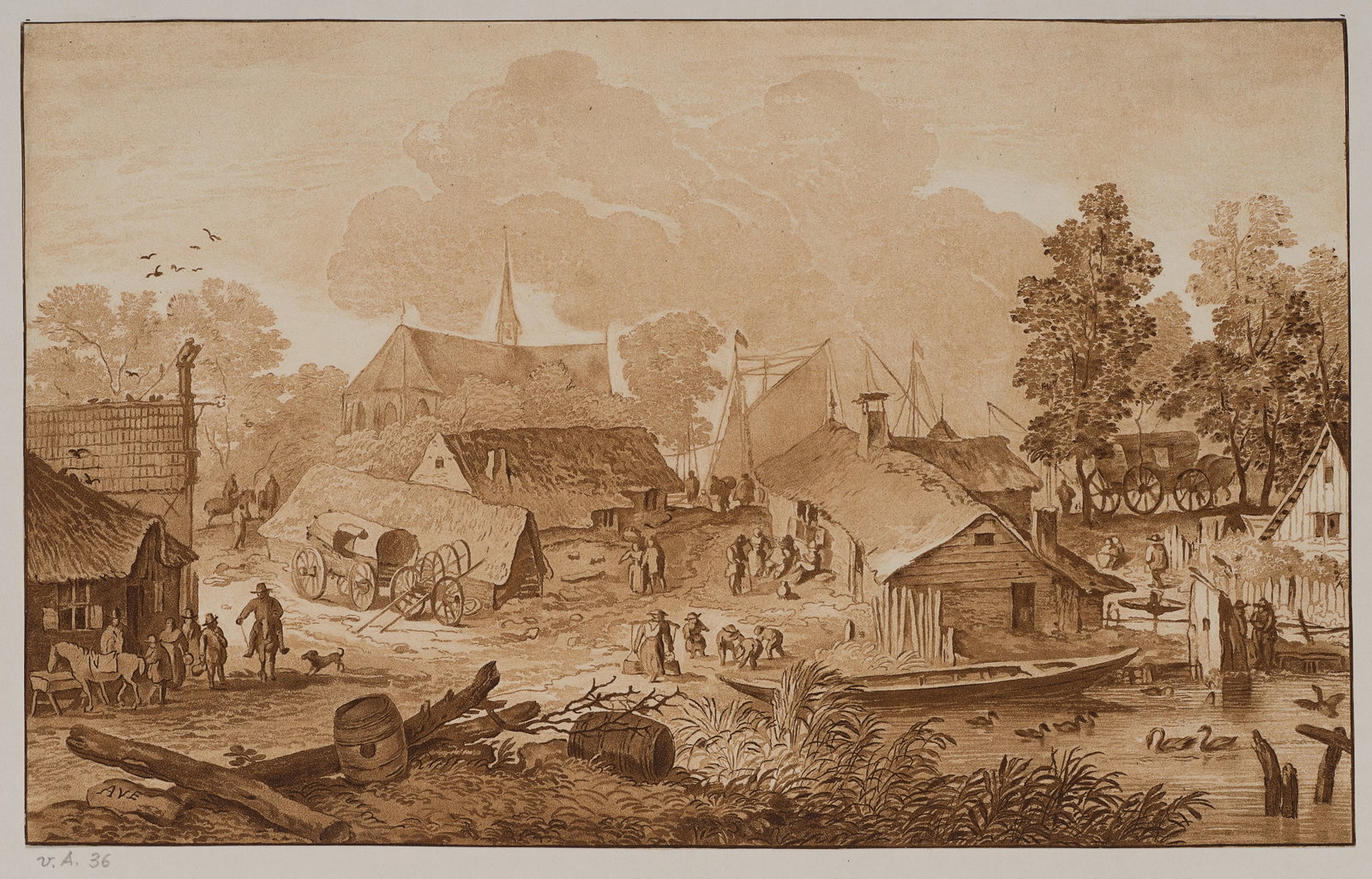 C. PLOOS VAN AMSTEL (*1726) after EVERDINGEN (*1621), Dutch village scene, Aquatint: Cornelis Ploos van Amstel (1726 Weesp - 1798 Amsterdam) after Allart van Everdingen (before 1621 Alkmaar - before 1675 Amsterdam): Dutch village scene Idyllic village scene with church and cart, 18th 