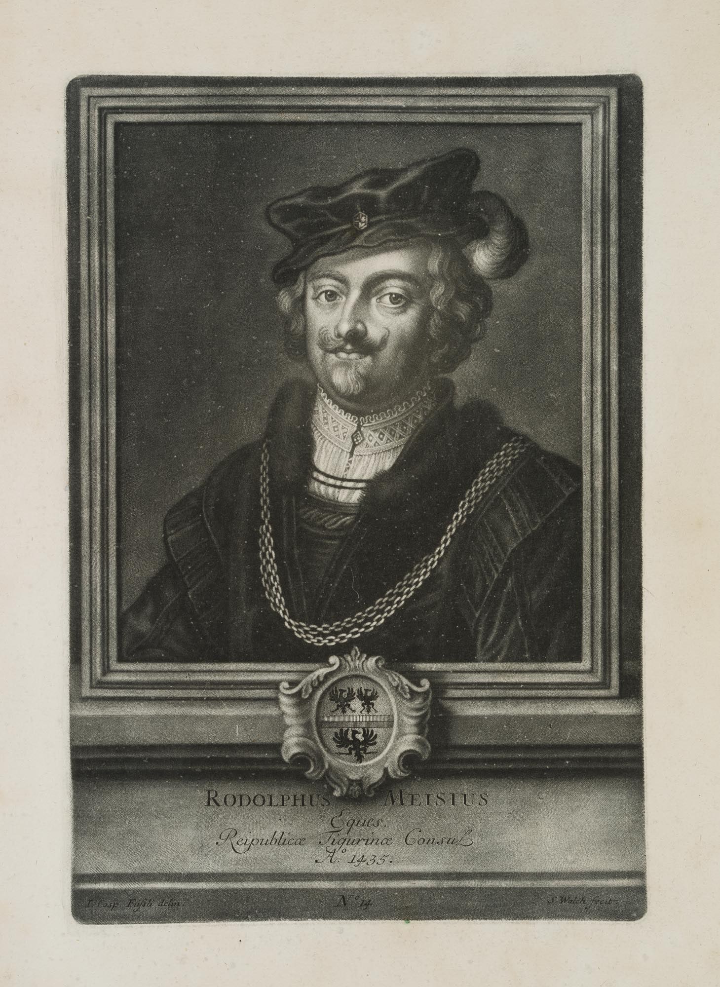 S. WALCH (*1721) after FÜSSLI (*1706), Rodolf Meiss, 1756, Mezzotint: Sebastian Walch (1721 Kempten - 1788 ibid.) after Johann Caspar Füssli sen. (1706 - 1782 ): Mayor of Zurich, portrait of Rodolf Meiss, bust en face with fur collar and chain, with the Meiss famil