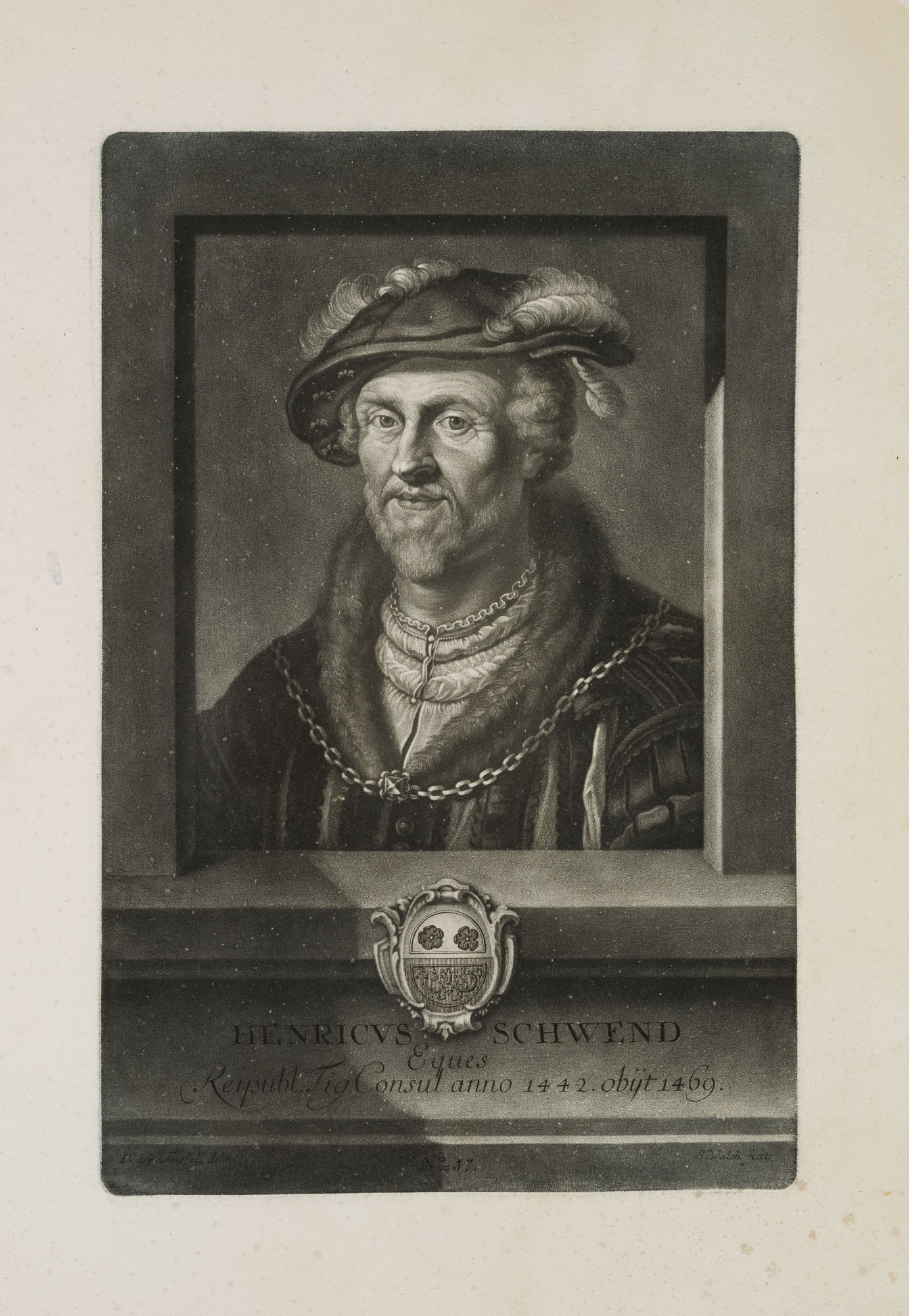 S. WALCH (*1721) after FÜSSLI (*1706), Henricus Schwend, 1756, Mezzotint: Sebastian Walch (1721 Kempten - 1788 ibid.) after Johann Caspar Füssli sen. (1706 - 1782 ): Mayor of Zurich, portrait of Henricus Schwend, bust en face with fur collar, with the coat of arms of t