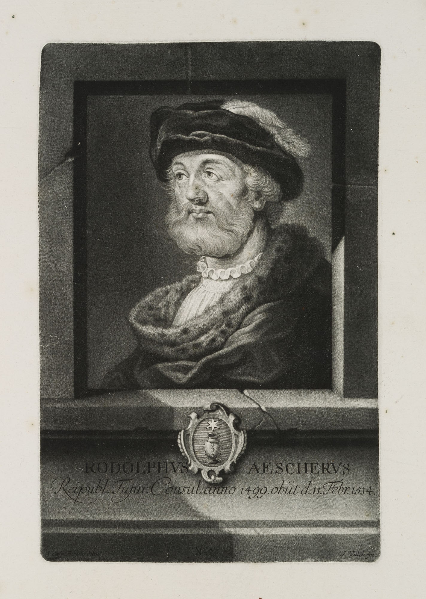 S. WALCH (*1721) after FÜSSLI (*1706), Rudolphus Aescherus, 1756, Mezzotint: Sebastian Walch (1721 Kempten - 1788 ibid.) after Johann Caspar Füssli sen. (1706 - 1782 ): Mayor of Zurich, portrait of Rudolphus Aescherus, bust portrait with fur collar, with the family coat o