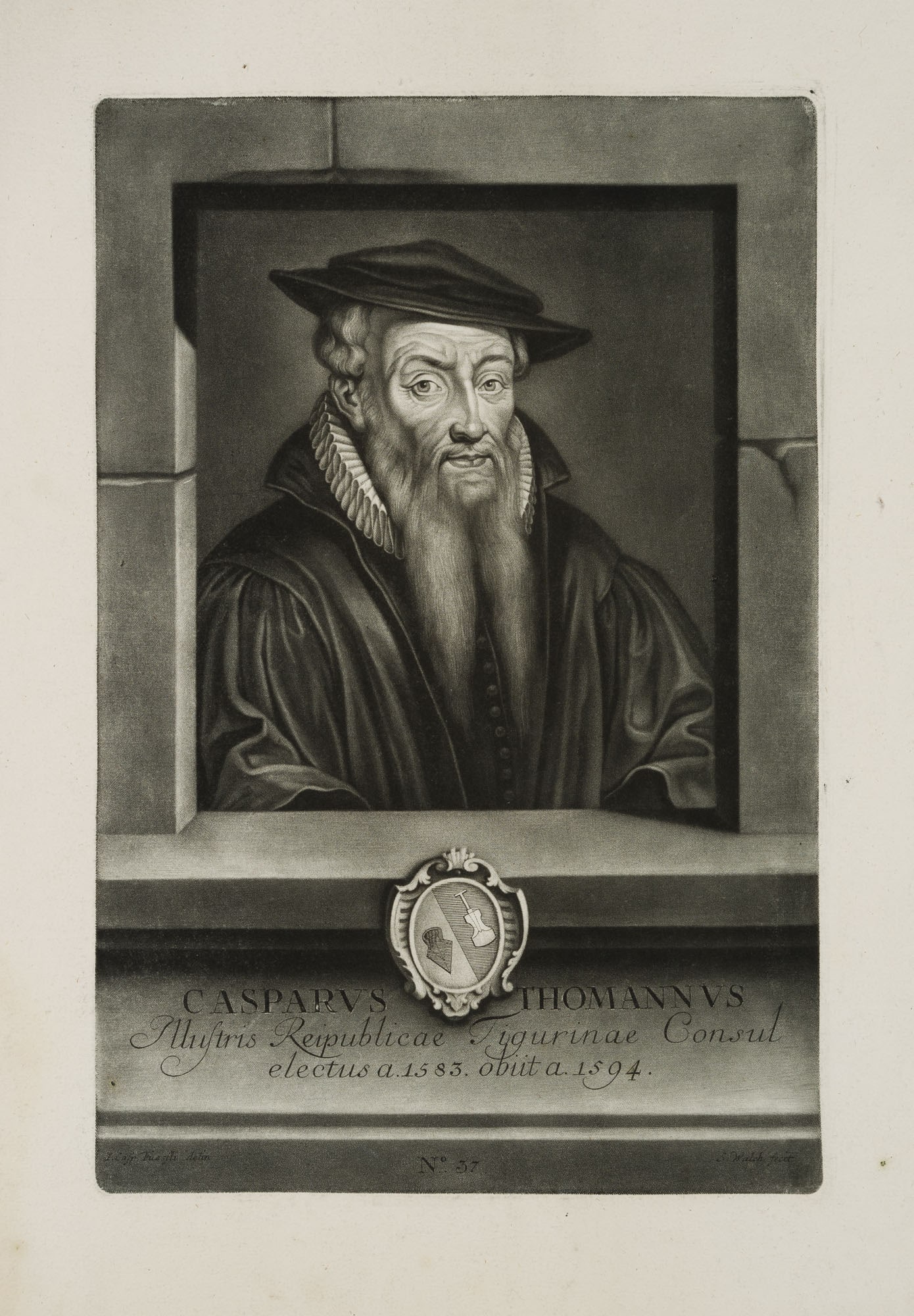 S. WALCH (*1721) after FÜSSLI (*1706), Casparus Thomannus, 1756, Mezzotint: Sebastian Walch (1721 Kempten - 1788 ibid.) after Johann Caspar Füssli sen. (1706 - 1782 ): Mayor of Zurich, portrait of Casparus Thomannus, bust, with the coat of arms in heraldic cartouche, 175