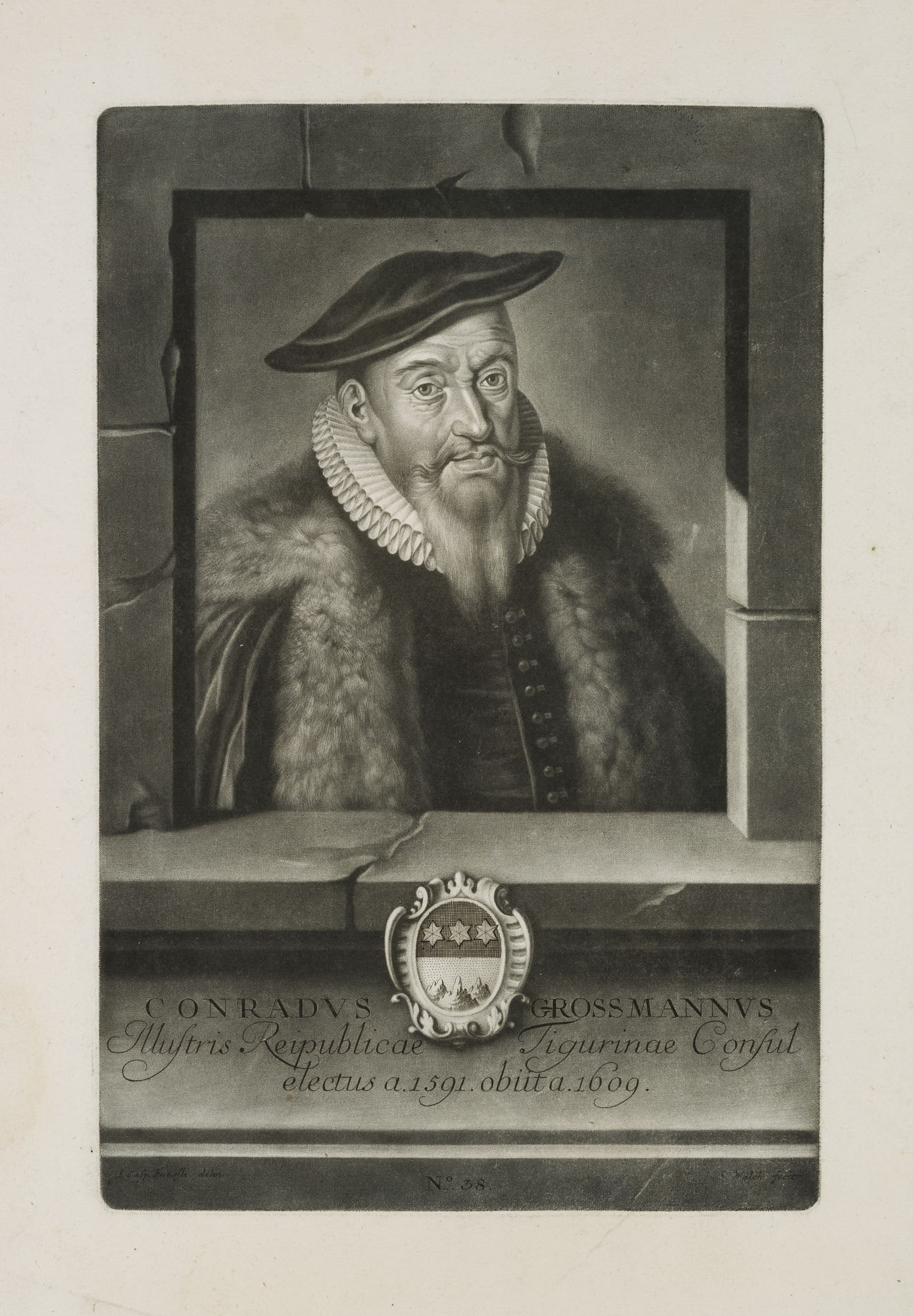 S. WALCH (*1721) after FÜSSLI (*1706), Conradus Grossmannus, 1756, Mezzotint: Sebastian Walch (1721 Kempten - 1788 ibid.) after Johann Caspar Füssli sen. (1706 - 1782 ): Portrait of Conradus Grossmannus, Mayor of Zurich, 1756, Mezzotint Technique: Mezzotint on Laid paper W