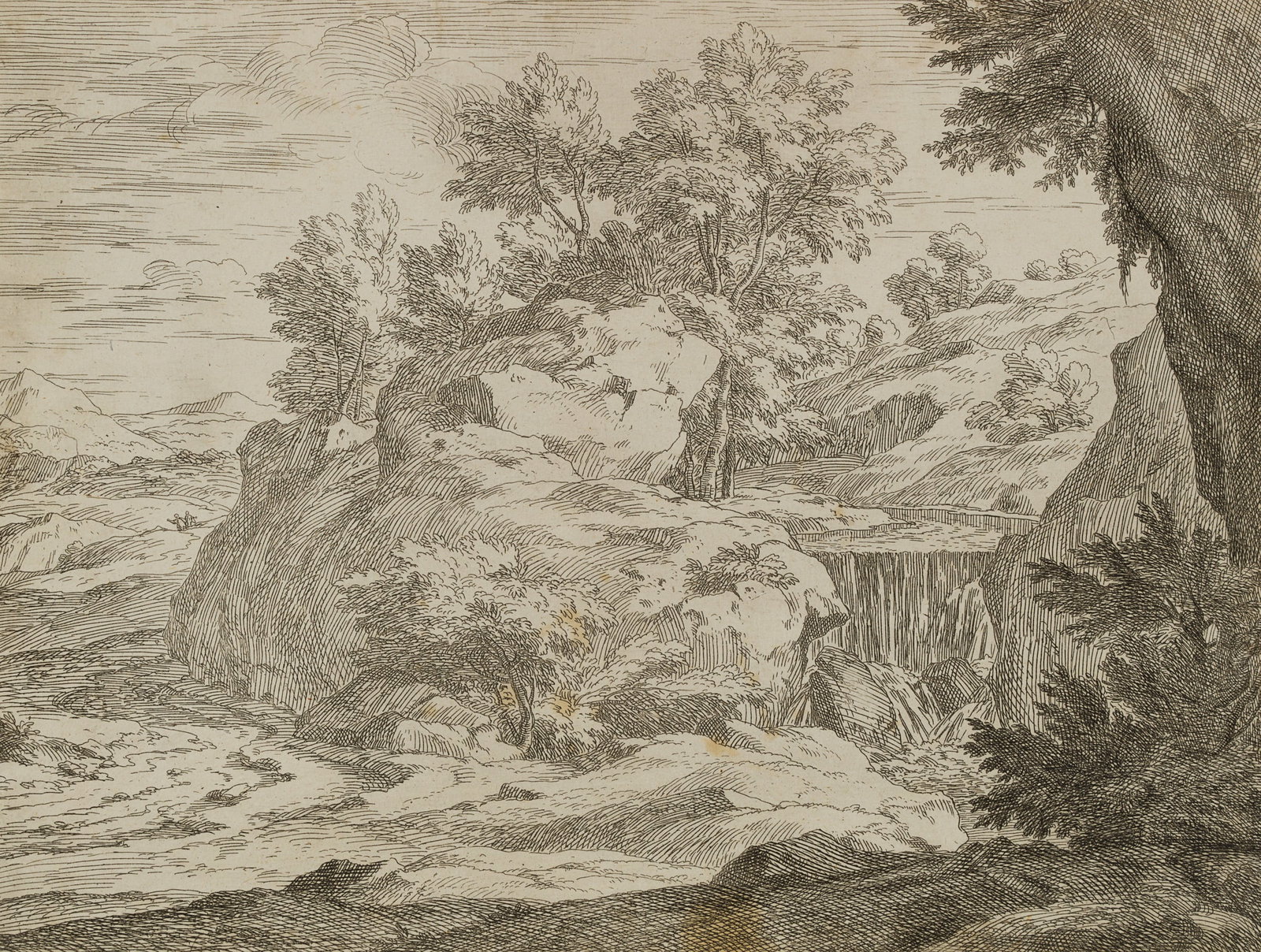 A. GENOELS (1640-1723), Rocky natural landscape with a torrential stream, around 1700, Etching: Abraham Genoels (1640 - 1723 ): Rocky natural landscape with trees and torrent, c. 1700, Etching Technique: Etching on Paper, mounted on Paper Inscription: lower left signed in the printing plate: "A.