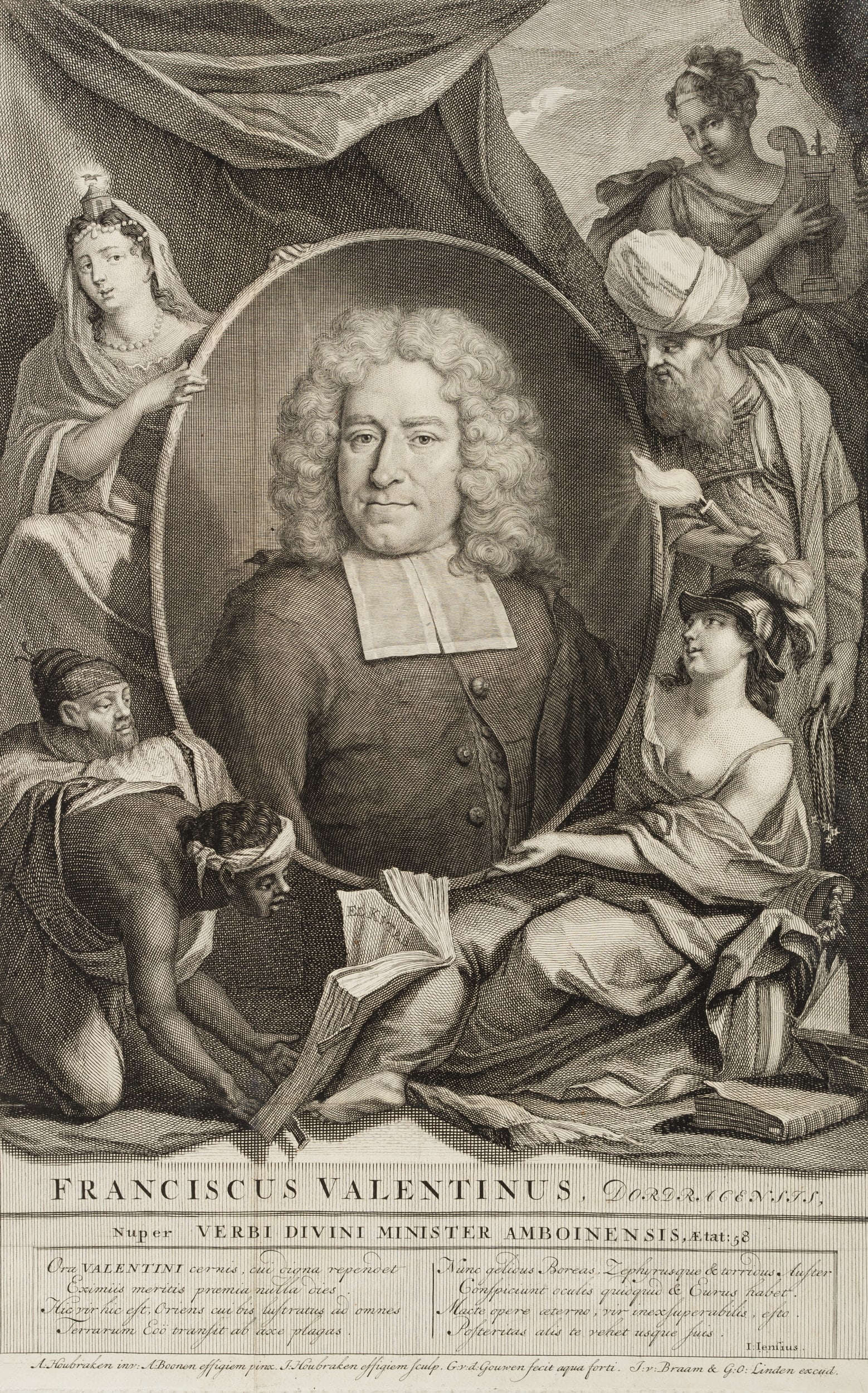 J. HOUBRAKEN (*1698) after GOUWEN (17th), Portrait of Francois Valentijn, Copper engraving: Jacobus Houbraken (1698 Dordrecht - 1780 Amsterdam) after Gilliam van der Gouwen (17th century): Portrait of Francois Valentijn, in an oval frame, held by the Minerva and the Allegory of Faith, also s