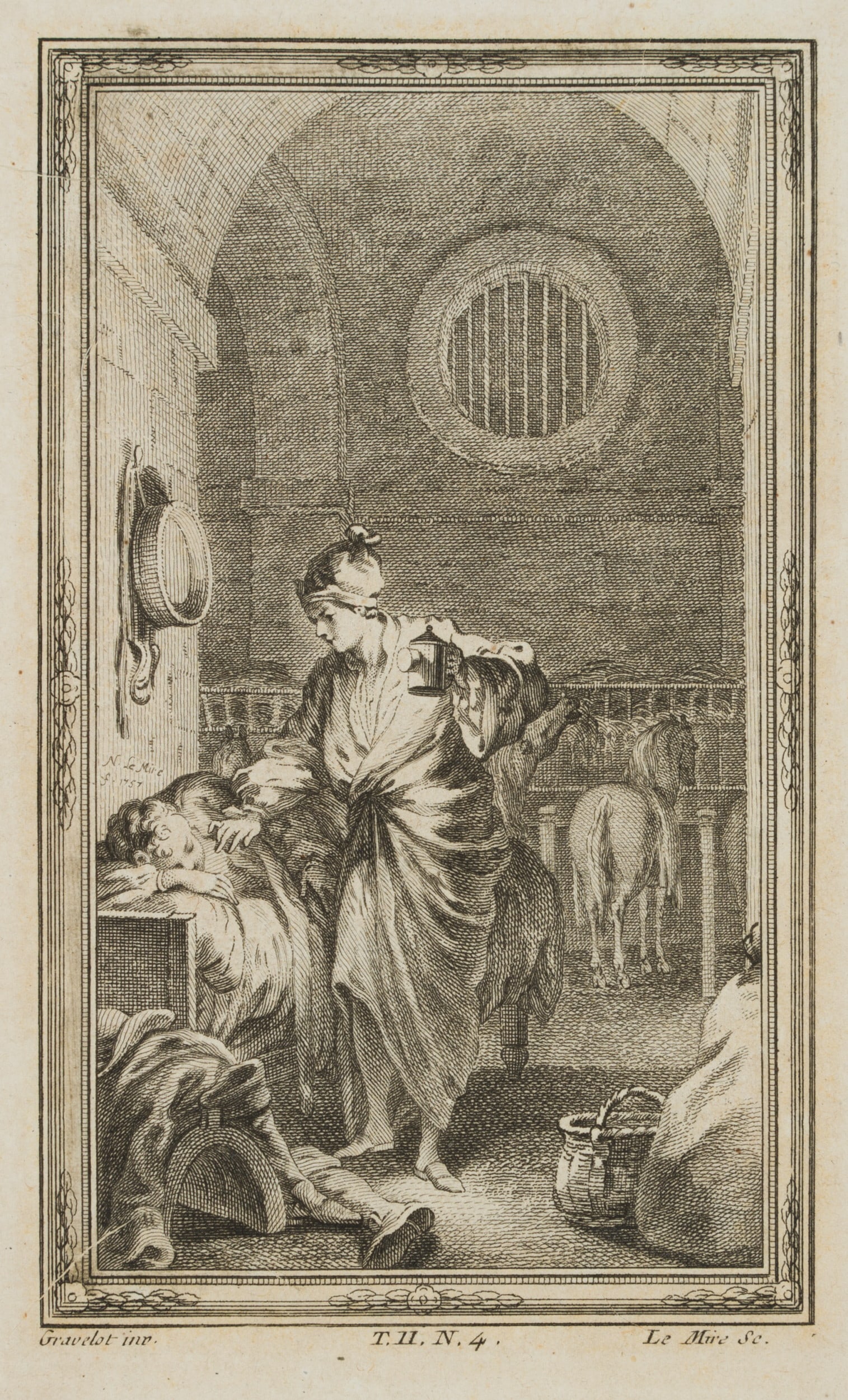 N. LEMIRE (*1724) after GRAVELOT (*1699), A sleeper in the stable, 1757, Etching: Noël Lemire (1724 Rouen - 1801 Paris) after Hubert-Francois Gravelot (born 1699 ): The sleeper in the stable is awakened, 1757, Etching Technique: Etching on Paper Inscription: Middle left signed