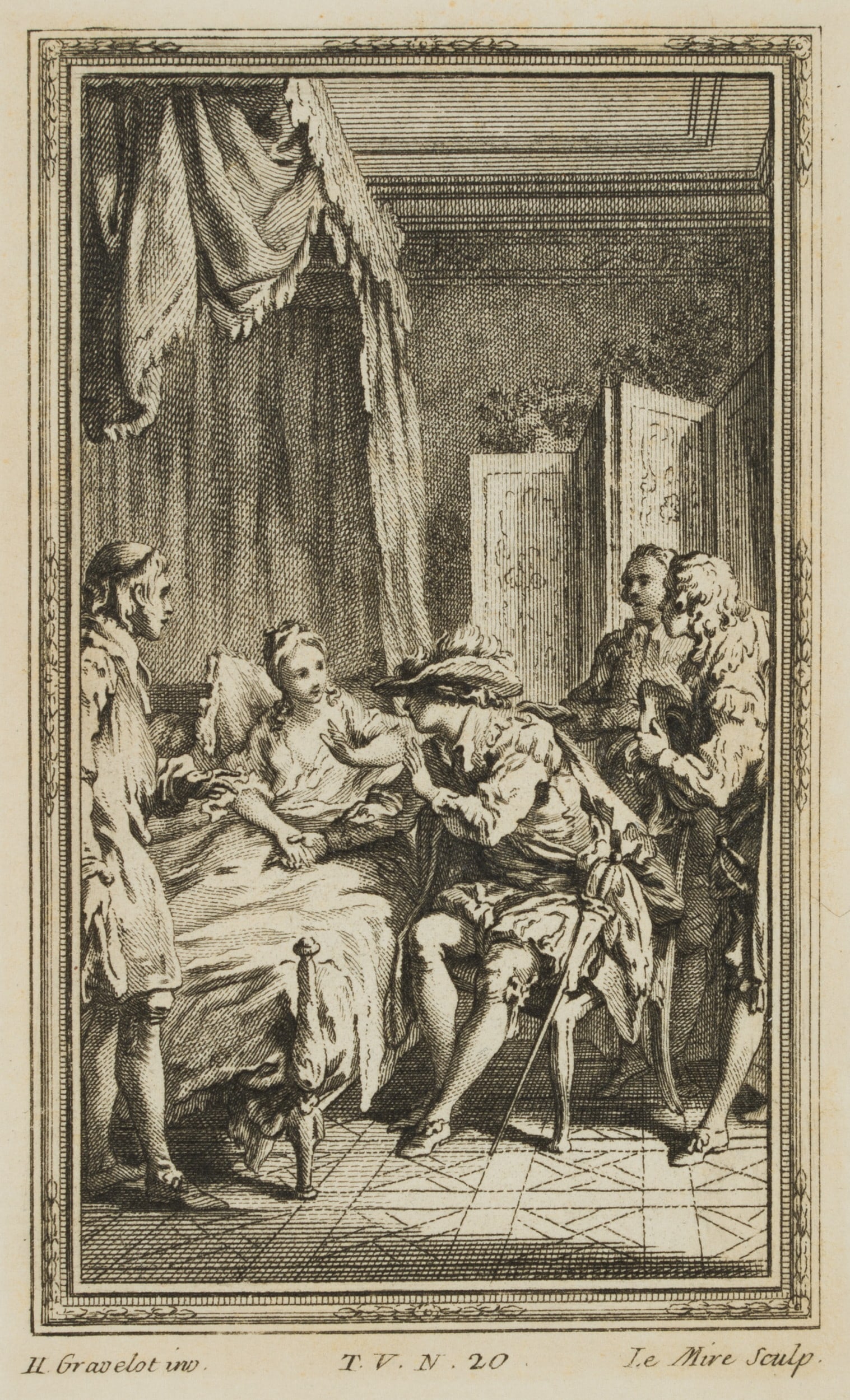 N. LEMIRE (*1724) after GRAVELOT (*1699), A lady in a hospital bed, Etching: Noël Lemire (1724 Rouen - 1801 Paris) after Hubert-Francois Gravelot (born 1699 ): The lady receives a sick call, 18th century, Etching Technique: Etching on Paper Watermark: indeterminate signs: