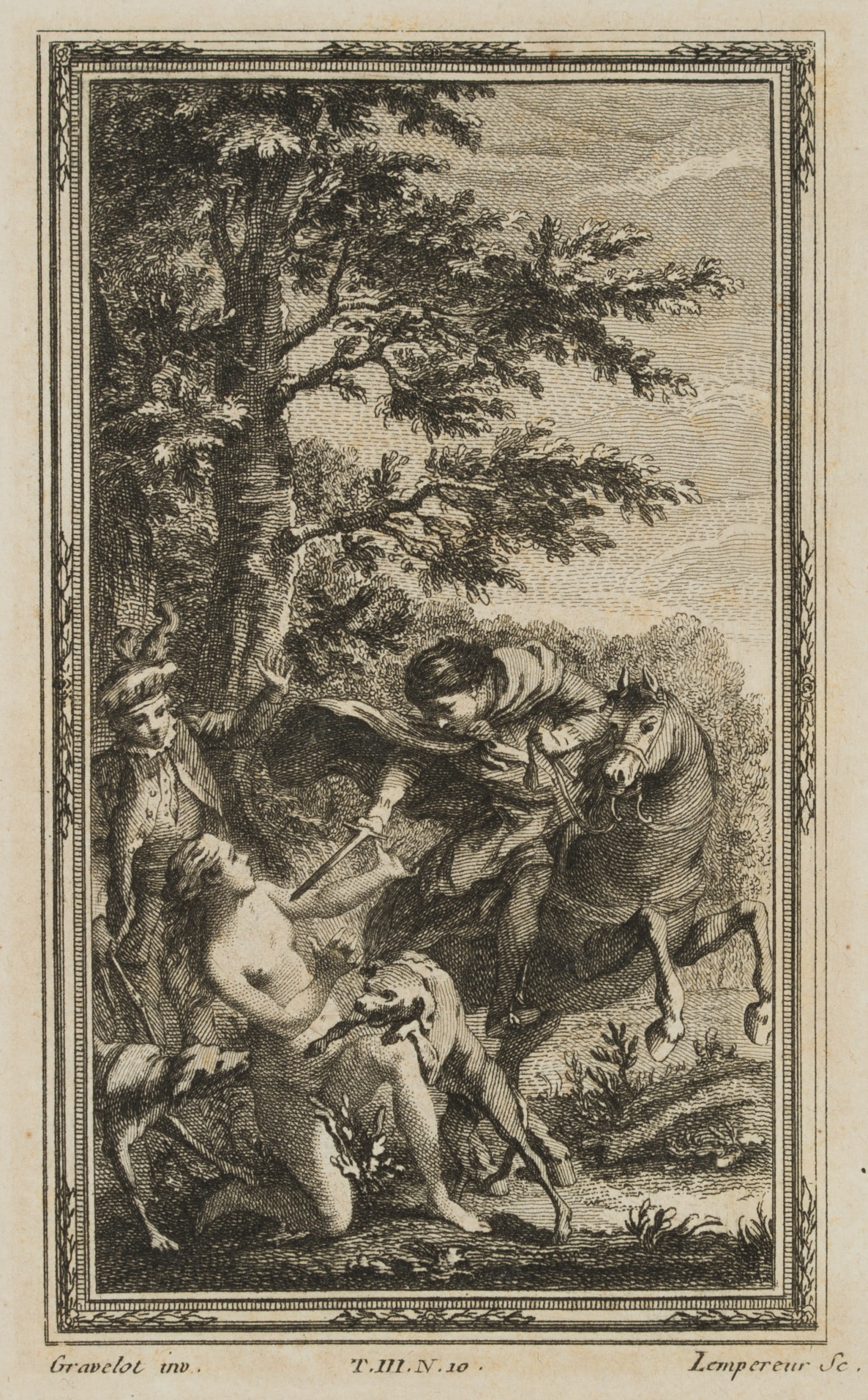 L. LEMPEREUR (*1728) after GRAVELOT (*1699), Femicide, Etching: Louis Simon Lempereur (1728 Paris - 1807 ibid.) after Hubert-Francois Gravelot (born 1699 ): Murder in the forest, 18th century, Etching Technique: Etching on Paper Inscription: At the lower part sign