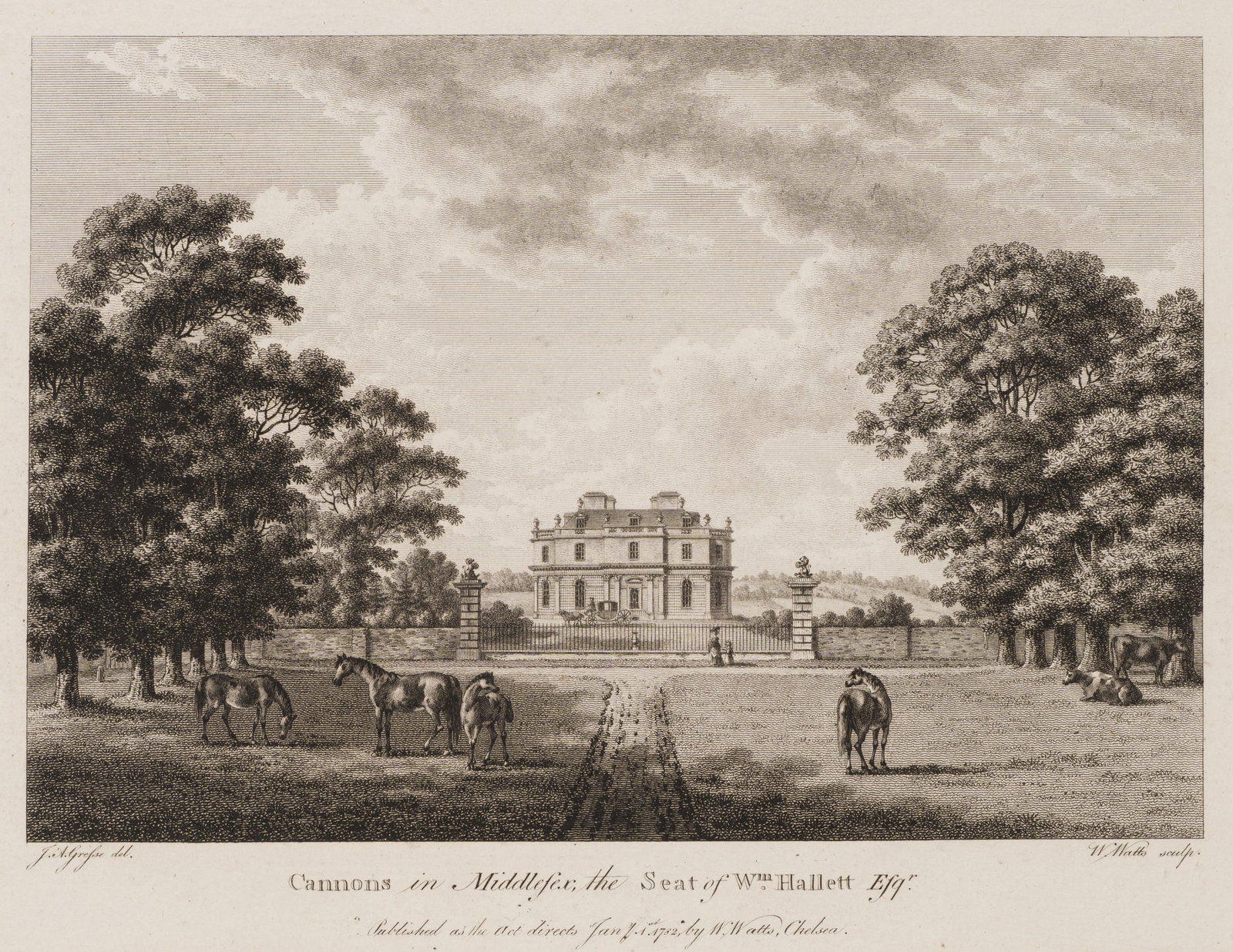 W. WATTS (*1752) after GRESSE (*1740), Cannons Country House in Middlesex, 1782, Etching: William Watts (1752 - 1851 ) after John Alexander Gresse (around 1740 - 1794 ): Cannons country estate in Middlesex Cannons in Middlesex, country estate of Wm Hallett with park and horses, 1782, Etchi