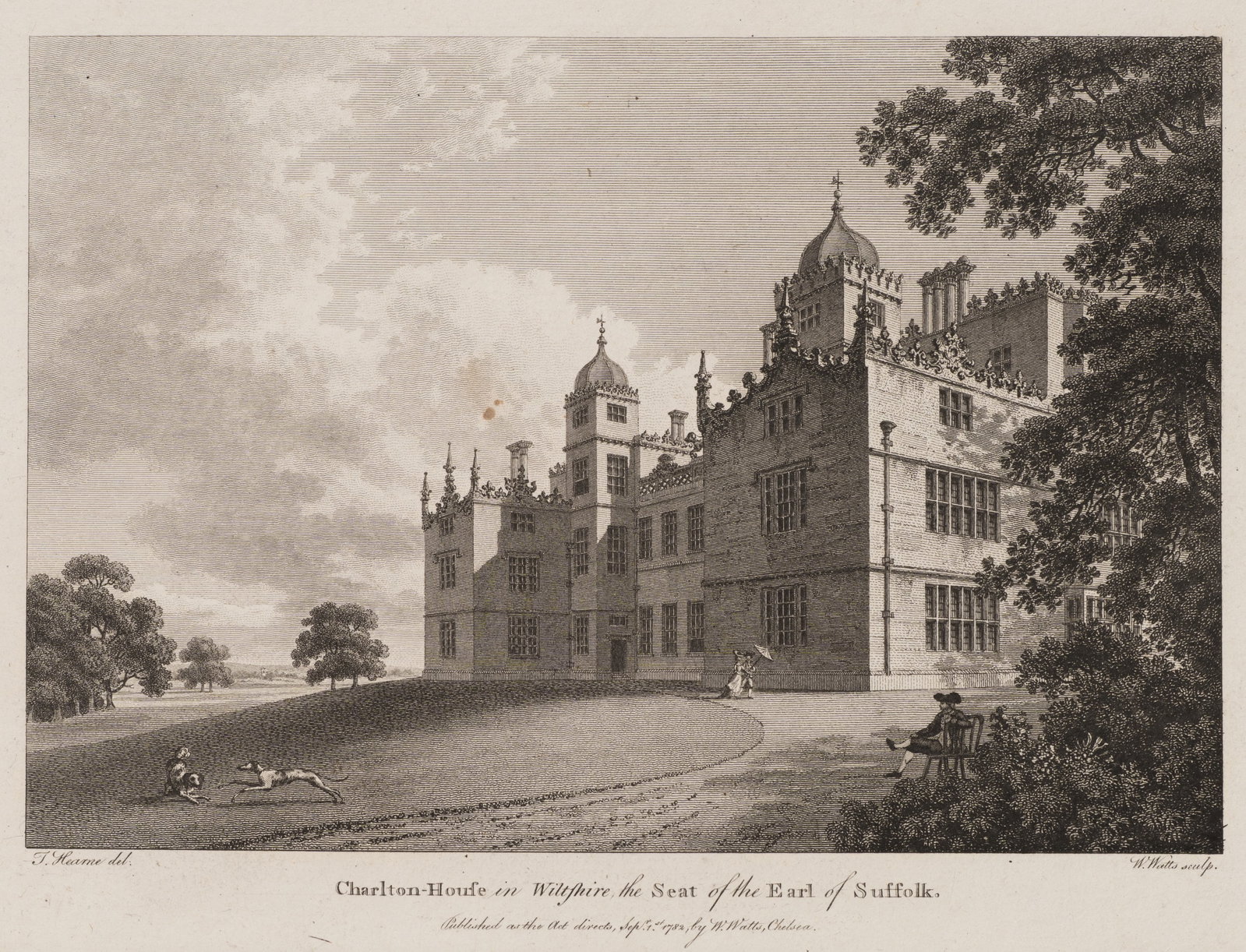 W. WATTS (*1752) after HEARNE (*1744), Charlton House in Wiltshire, 1782, Etching: William Watts (1752 - 1851 ) after Thomas Hearne (1744 - 1817 ): Charlton House in Wiltshire View of Charlton House in Wiltshire, seat of the Earl of Suffolk, 1782, Etching Technique: Etching on Paper
