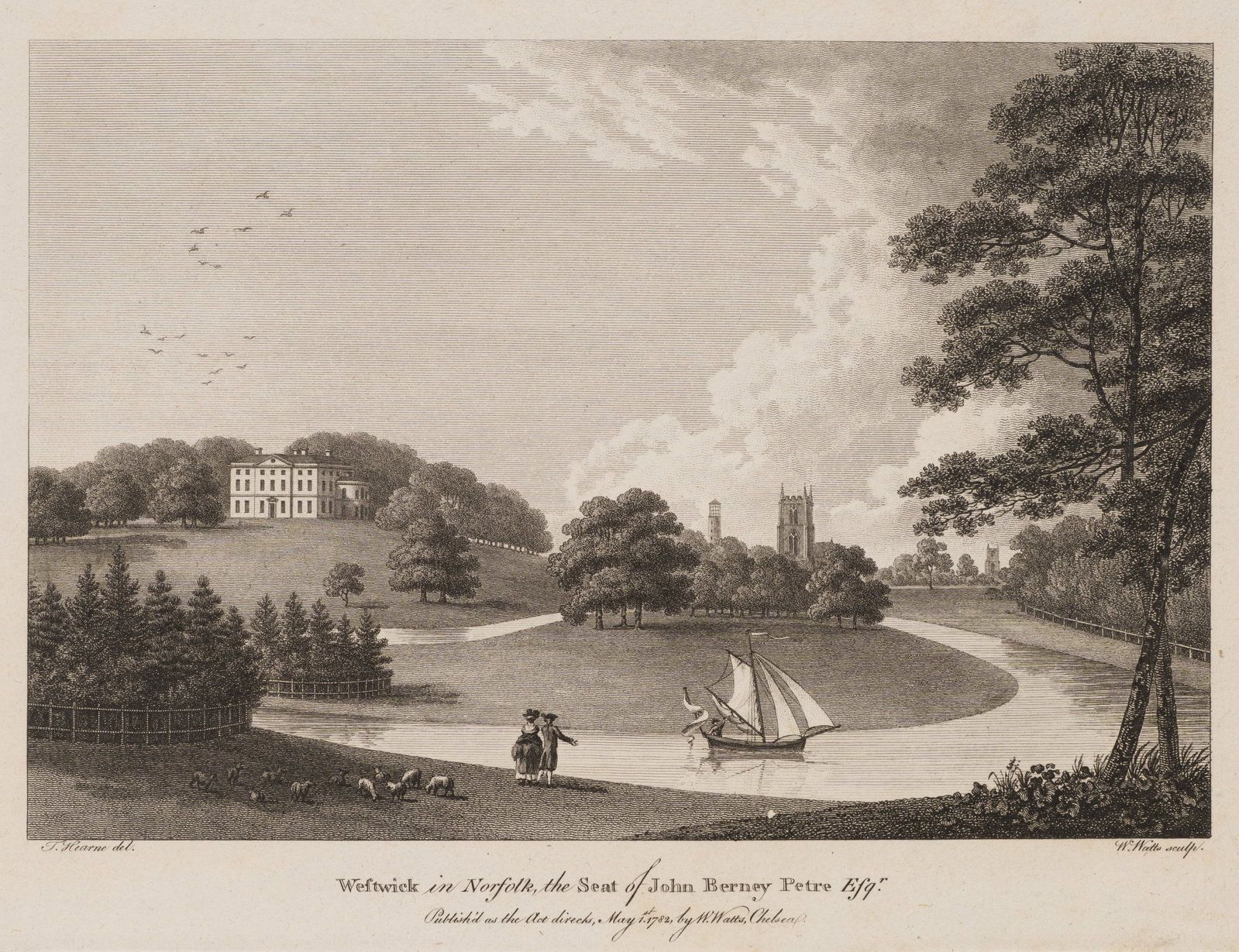 W. WATTS (*1752) after HEARNE (*1744), Westwick in Norfolk, 1782, Etching: William Watts (1752 - 1851 ) after Thomas Hearne (1744 - 1817 ): Westwick in Norfolk Westwick in Norfolk, country estate of John Berney Petre with park and watercourse, 1782, Etching Technique: Etchin