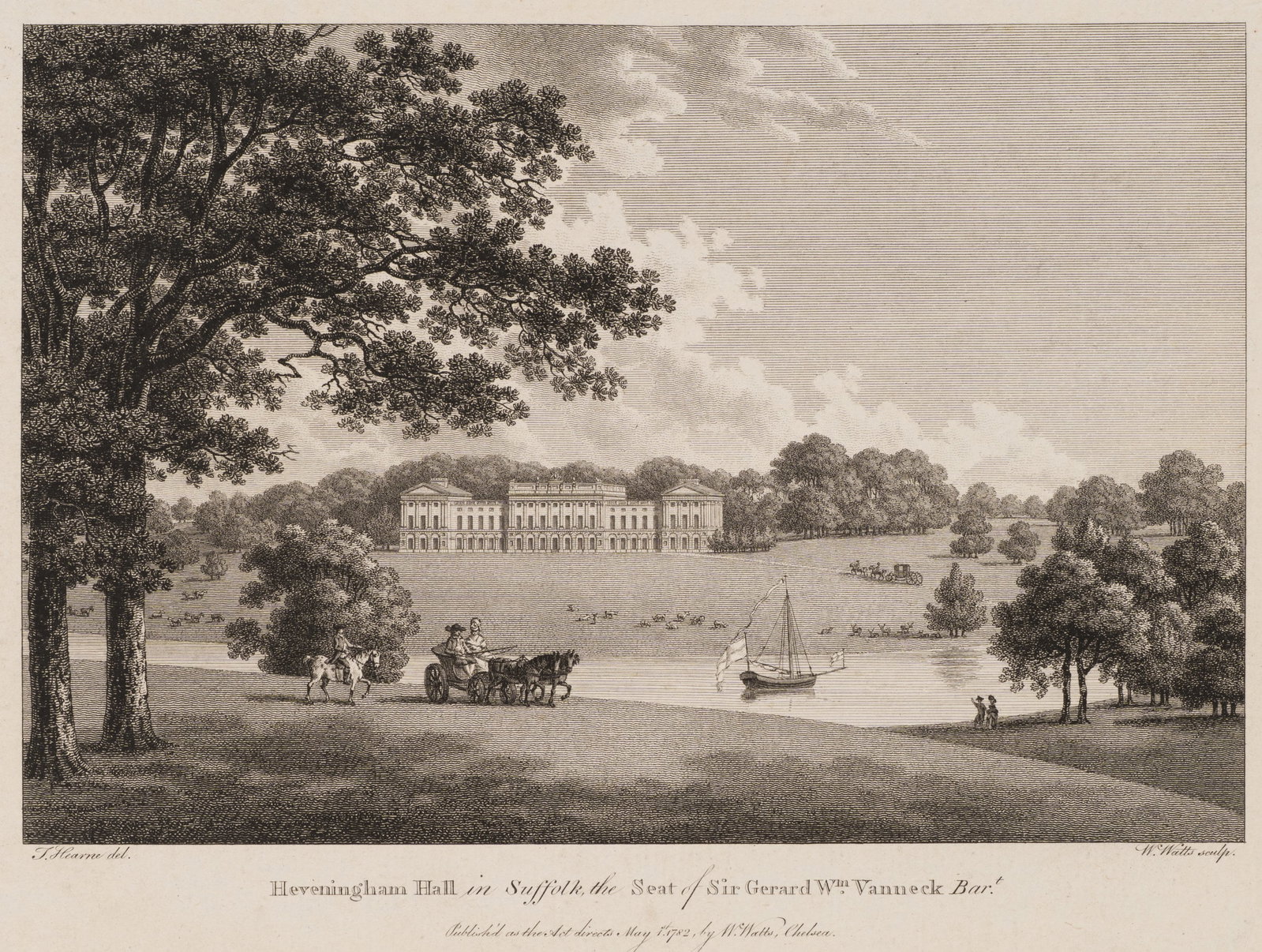 W. WATTS (*1752) after HEARNE (*1744), Heveningham Hall in Suffolk, 1782, Etching: William Watts (1752 - 1851 ) after Thomas Hearne (1744 - 1817 ): Heveningham Hall in Suffolk View of Heveningham Hall in Suffolk with lake, carriage and boat, 1782, Etching Technique: Etching on Paper