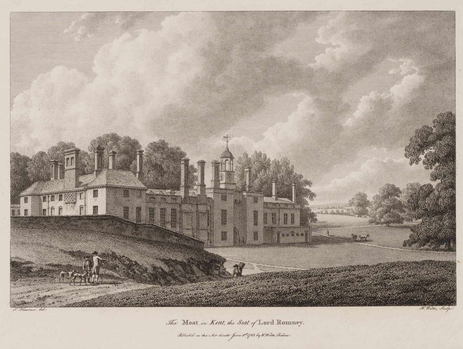 W. WATTS (*1752) after HEARNE (*1744), The Moat country estate in Kent, 1783, Etching: William Watts (1752 - 1851 ) after Thomas Hearne (1744 - 1817 ): Country estate The Moat in Kent View of The Moat in Kent, the seat of Lord Romney, 1783, Etching Technique: Etching on Paper Impression