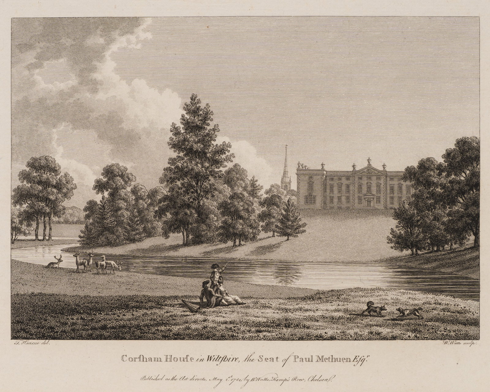 W. WATTS (*1752) after HEARNE (*1744), Corsham House in Wiltshire, 1781, Etching: William Watts (1752 - 1851 ) after Thomas Hearne (1744 - 1817 ): Corsham House in Wiltshire View of Corsham House in Wiltshire with park, water and staffage figures, 1781, Etching Technique: Etching o