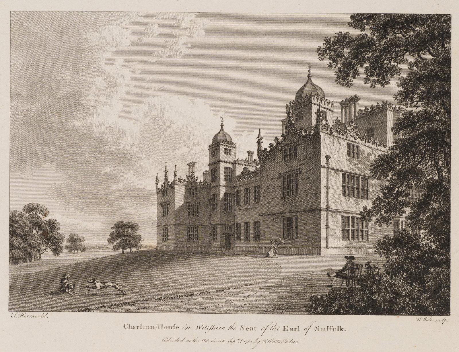 W. WATTS (*1752) after HEARNE (*1744), Charlton House in Wiltshire, 1782, Etching: William Watts (1752 - 1851 ) after Thomas Hearne (1744 - 1817 ): Charlton House in Wiltshire View of Charlton House in Wiltshire, seat of the Earl of Suffolk, 1782, Etching Technique: Etching on Paper
