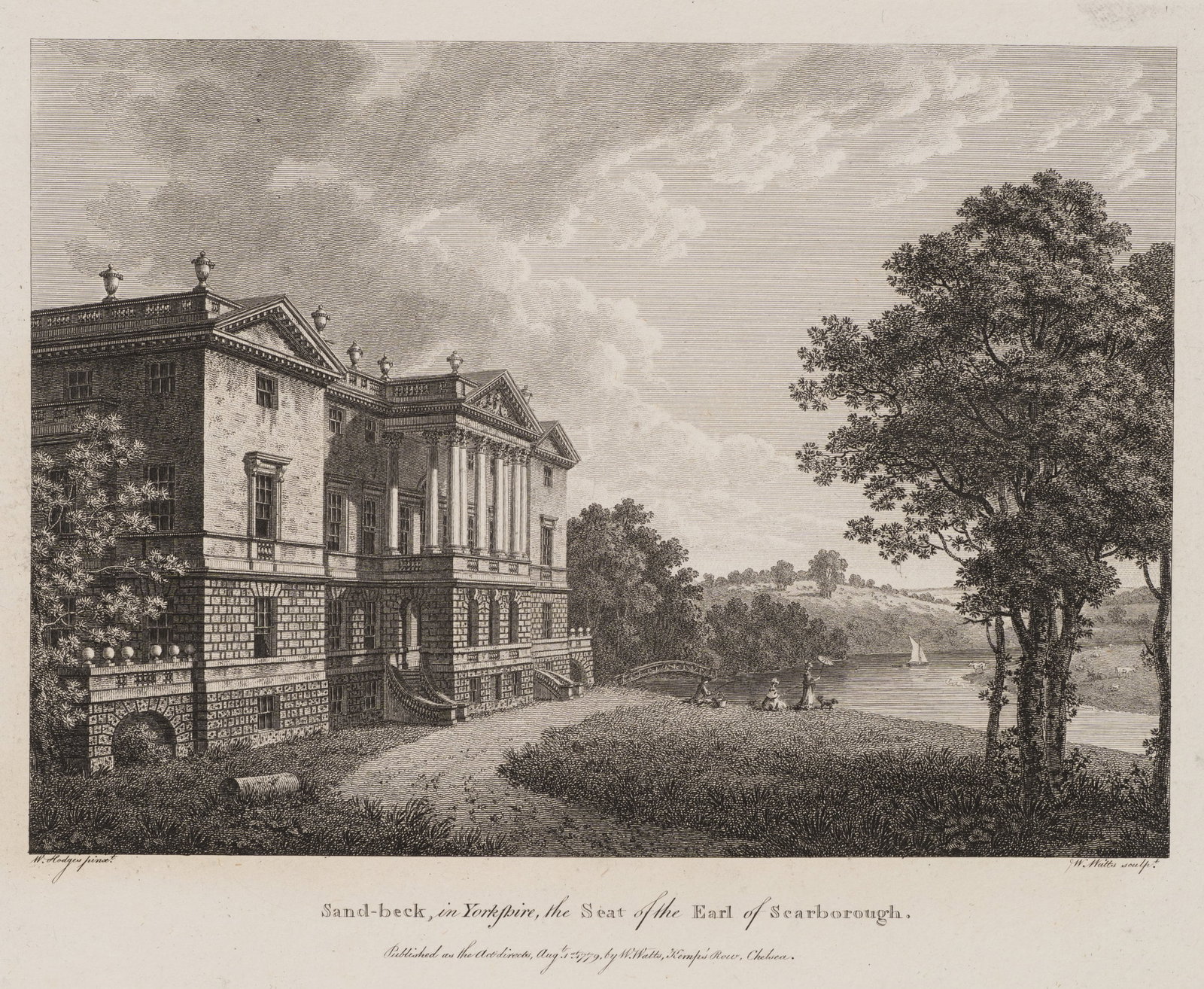 W. WATTS (*1752) after HODGES (*1744), Sandbeck in Yorkshire, 1779, Etching: William Watts (1752 - 1851 ) after William Hodges (1744 - 1797 ): Sand-beck in Yorkshire Sand-beck in Yorkshire, country estate of the Earl of Scarborough on the waterfront, 1779, Etching Technique: E