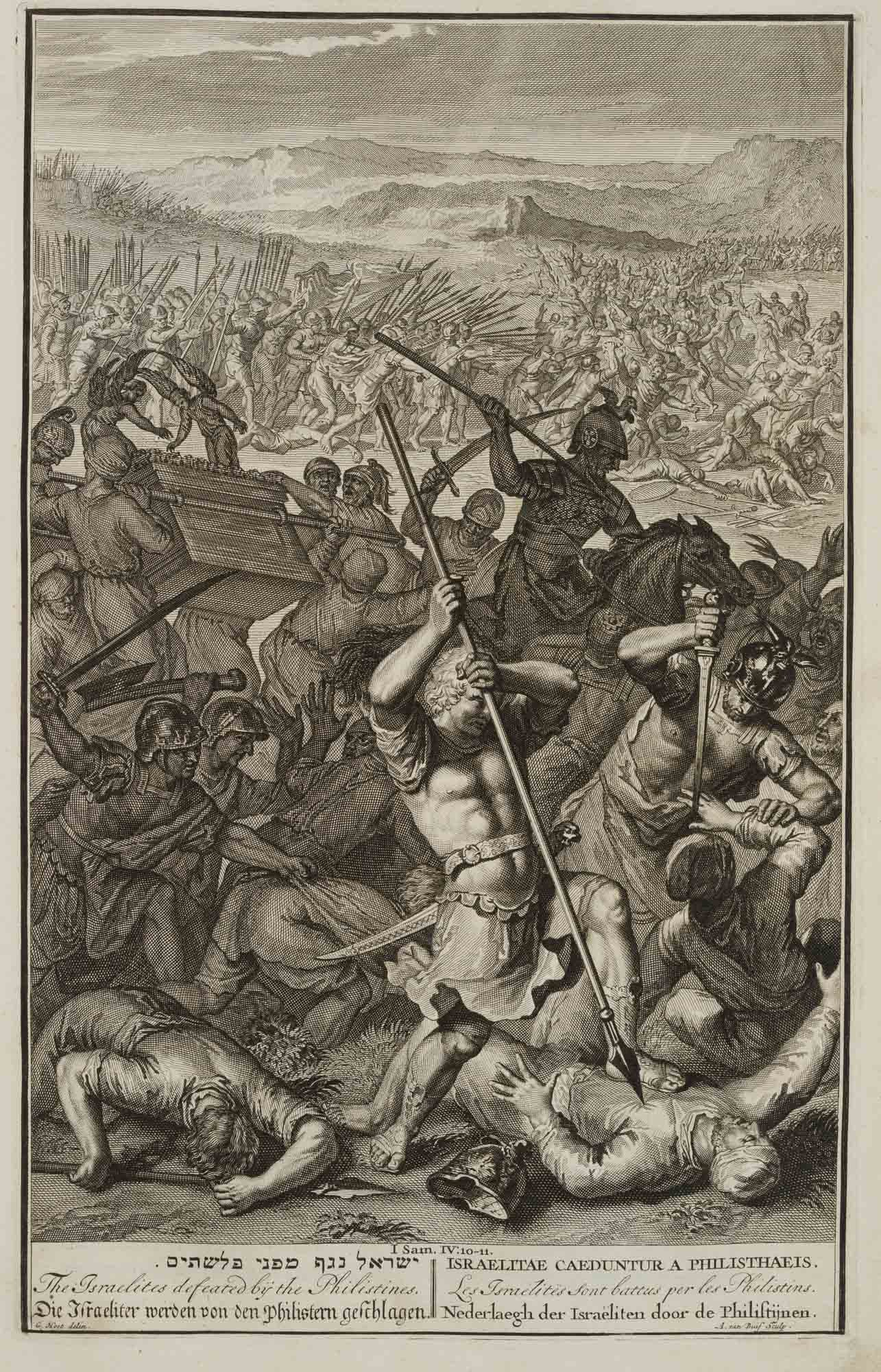 J. BUIZEN (*1693) after HOET (*1648), The Philistines’ victory over the Israelites, 1706, Copper: Jacobus van Buizen (1693 - 1754 ibid.) after Gerard Hoet (1648 Zaltbommel - 1733 The Hague): Bible illustration The Israelites are defeated by the Philistines, I Sam 4, 10-11, 1706, Copper engraving T