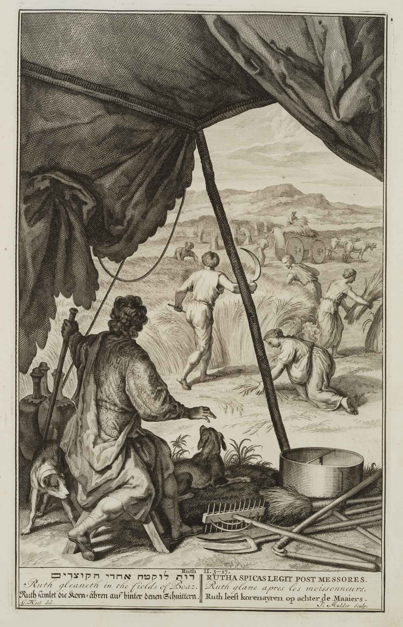 J. MULDER (*1659) after HOET (*1648), Ruth in the field of Boaz, around 1720, Copper engraving (1 of 4)