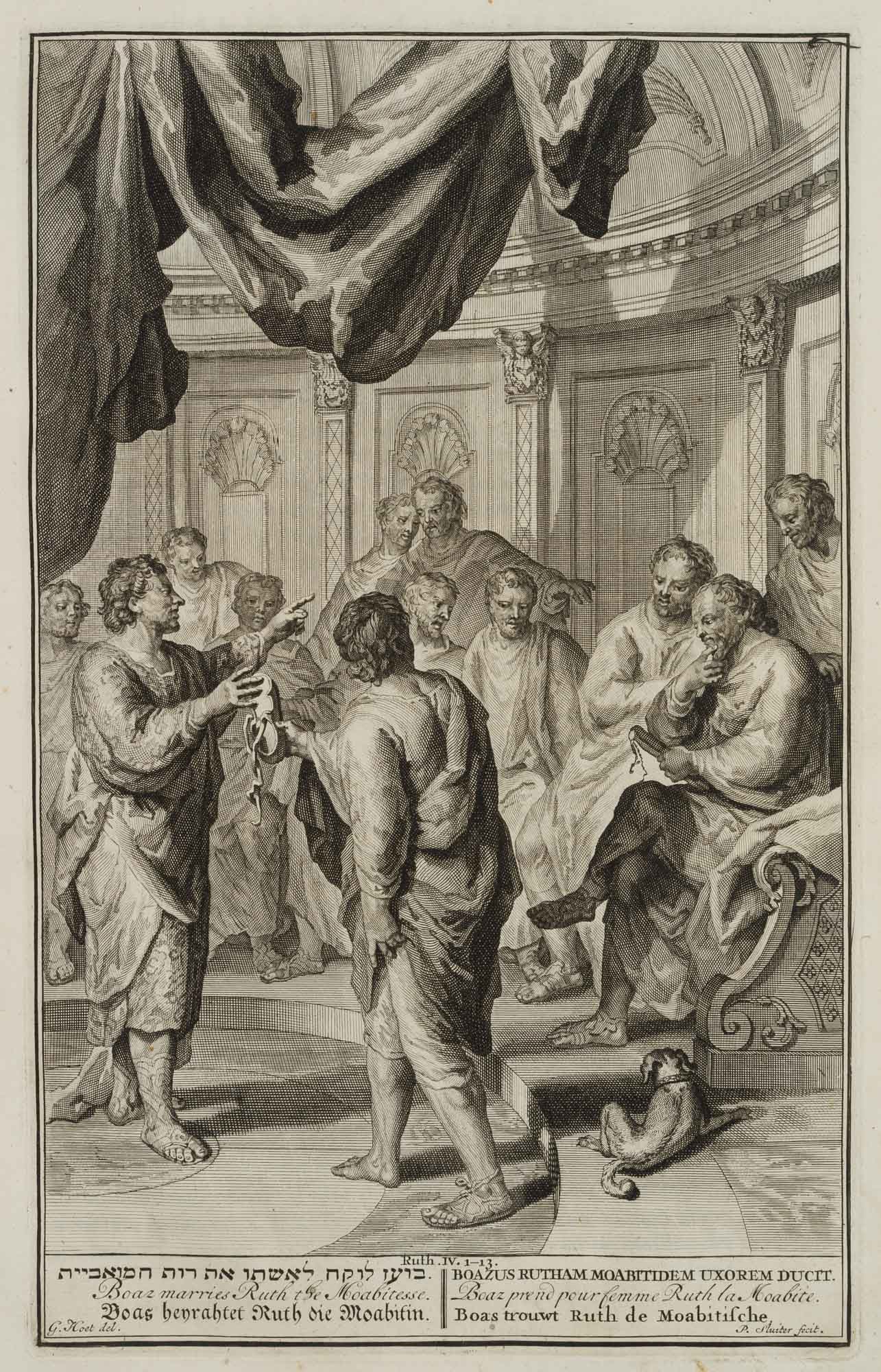 P. SLUITER (*1675) after HOET (*1648), Boaz finalising an exchange, 1700, Copper engraving: Pieter Sluiter (1675 Amsterdam - after 1713 ibid.) after Gerard Hoet (1648 Zaltbommel - 1733 The Hague): Boaz bartering with a relative to take Ruth as his wife, Old Testament, Book of Ruth IV 1-13, s