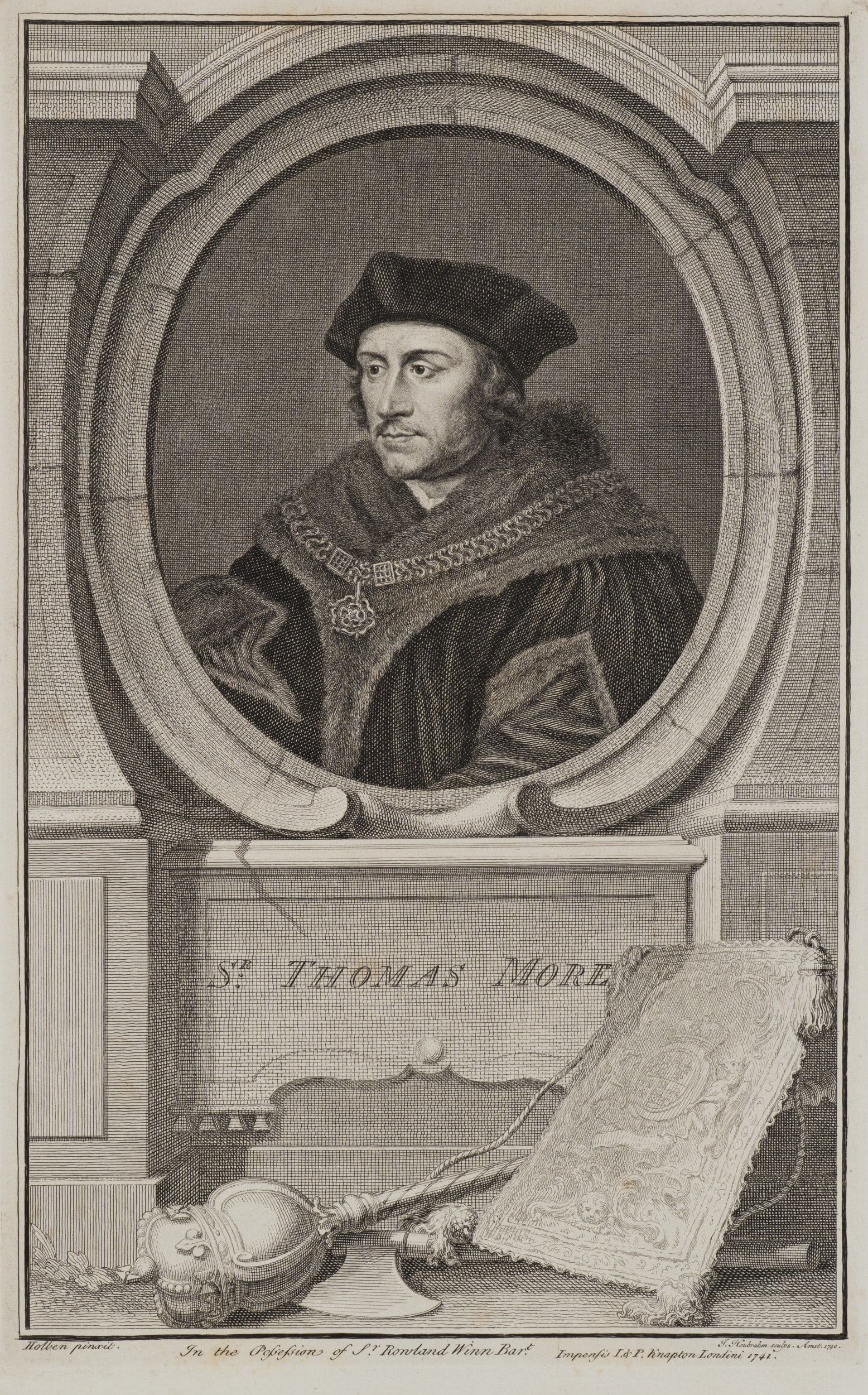 J. HOUBRAKEN (*1698) after HOLBEIN (*1497), Sir Thomas More, 1741, Copper engraving: Jacobus Houbraken (1698 Dordrecht - 1780 Amsterdam) after Hans Holbein jun. (1497 Augsburg - 1543 London): Portrait of Sir Thomas More, 1741, Copper engraving Technique: Copper engraving on Paper Insc