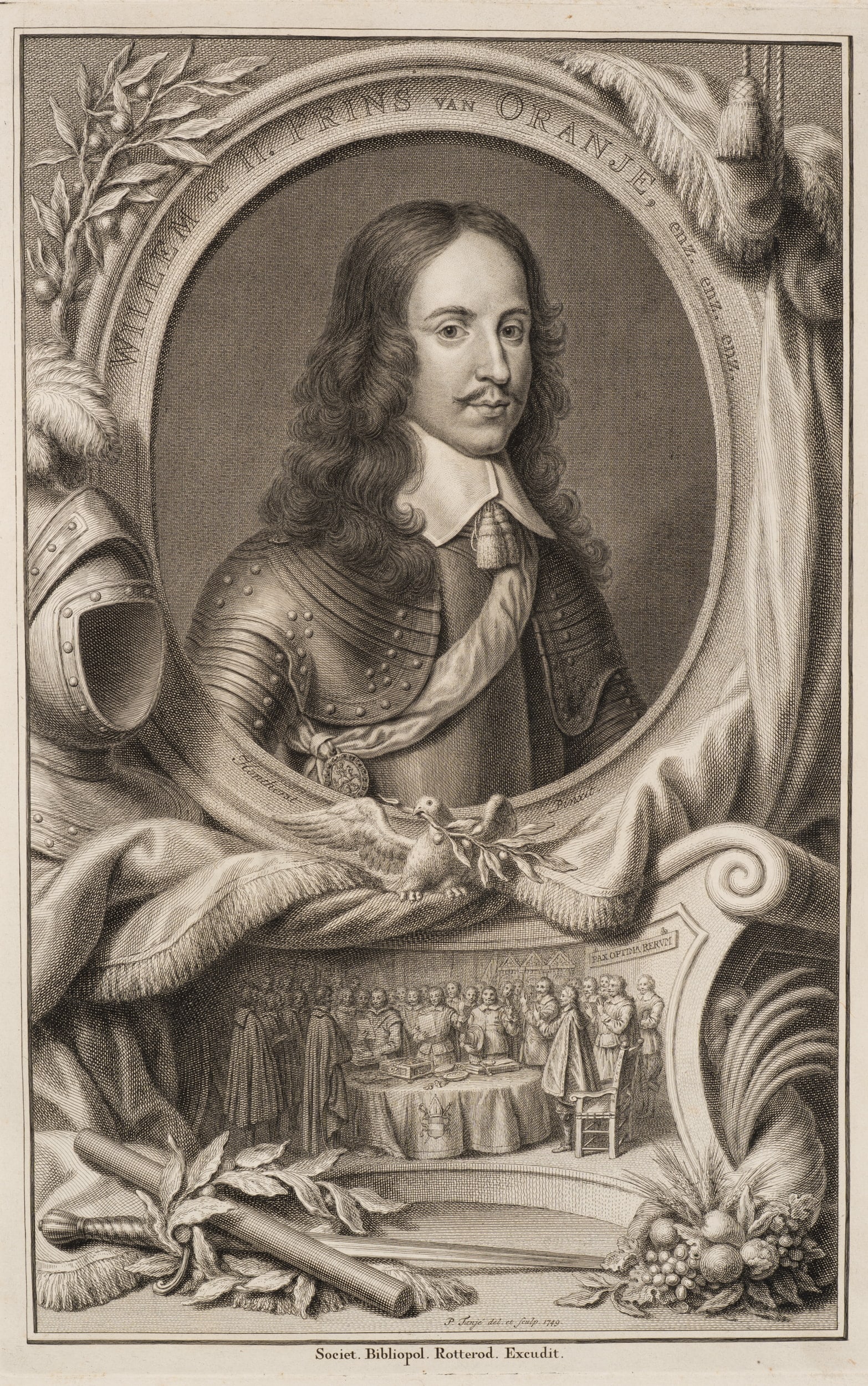 P. TANJÉ (*1706) after HONTHORST (*1590), Portrait of William II of Orange, 1749, Copper: Pieter Tanjé (1706 - around 1761 ) after Gerrit van Honthorst (1590 - 1656 ): Portrait of Willem II Prince of Orange with allegorical scene, 1749, Copper engraving Technique: Copper engraving on 