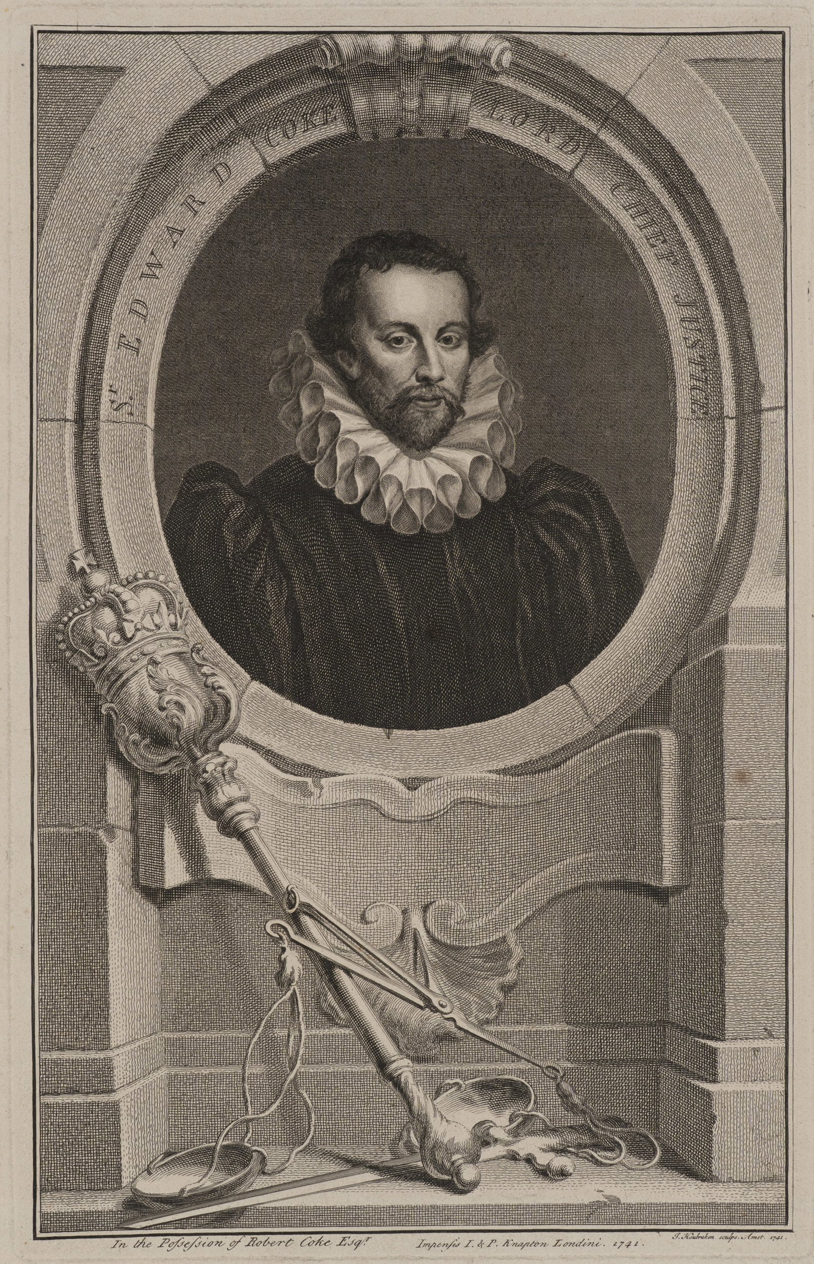 J. HOUBRAKEN (*1698), Sir Edward Coke, Lord Chief Justice, 1741, Copper engraving: Jacobus Houbraken (1698 Dordrecht - 1780 Amsterdam): Porträt von Sir Edward Coke (1552-1634), Lord Chief Justice, 1741, Copper engraving Technique: Copper engraving on Paper, mounted on Paper Ins