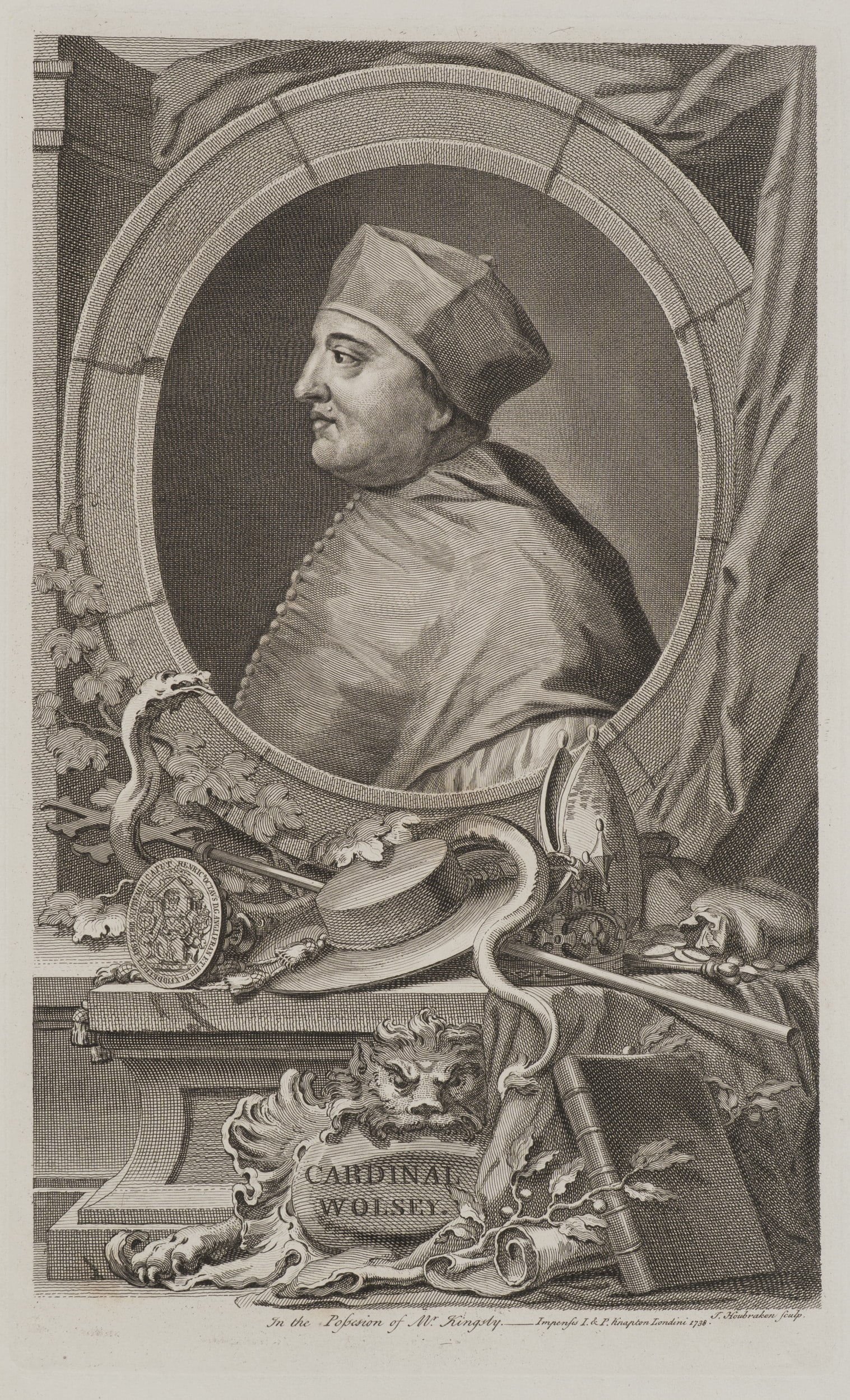 J. HOUBRAKEN (*1698), A Profile of Cardinal Wolsey, Copper engraving (1 of 5)