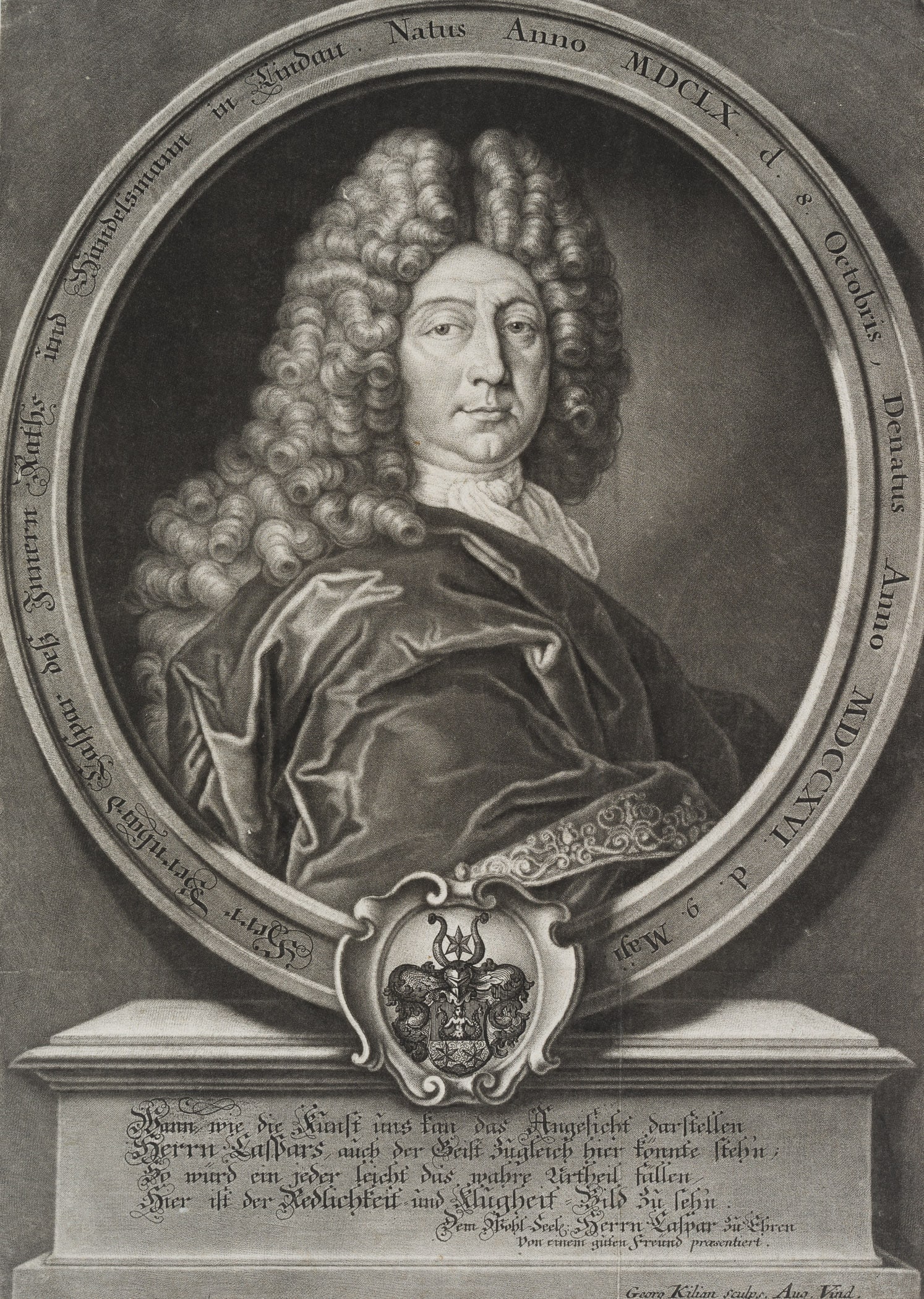 G. KILIAN (1683-1745), Portrait of Bernhard Caspar, Etching: Georg Kilian (1683 Augsburg - 1745 ibid.): Portrait of Bernhard Caspar, bust seated to the right looking frontally towards the viewer, wearing a neckerchief, wide cape and large curly wig, in a writte