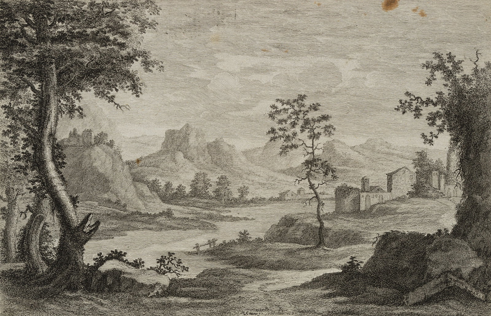 G. KNORR (1705-1761), Hilly lakeside landscape, around 1730, Etching: Georg Wolfgang Knorr (1705 Nuremberg - 1761 ibid.): Small settlements in a hilly lake landscape, c. 1730, Etching Technique: Etching on Paper, mounted on Paper Date: c. 1730 Description: View of a lak