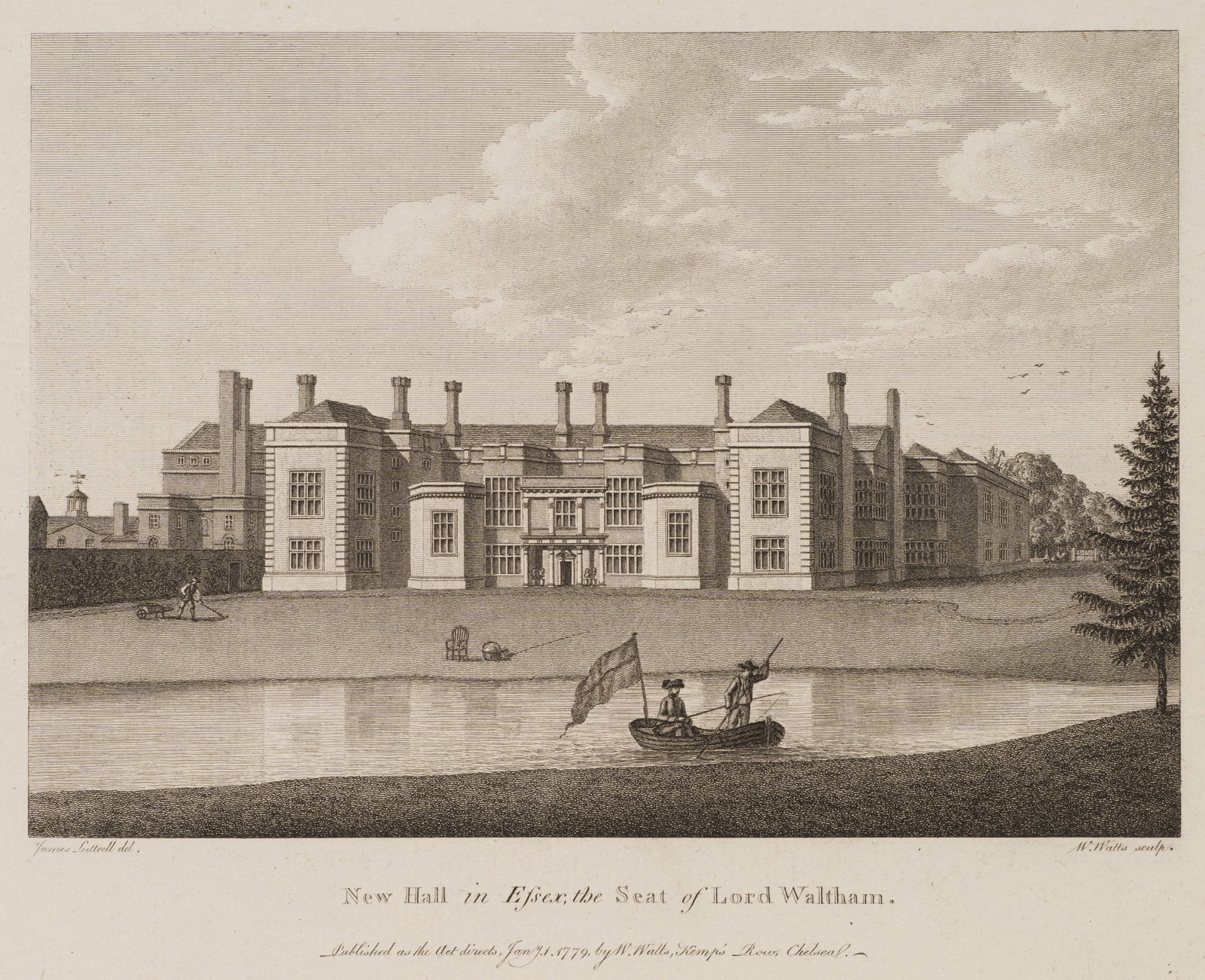 W. WATTS (*1752) after LUTRELL (18th), New Hall in Essex, 1779, Etching: William Watts (1752 - 1851 ) after James Lutrell (18th century): New Hall in Essex View of New Hall in Essex, the seat of Lord Waltham, 1779, Etching Technique: Etching on Paper Impression Quality: Qu