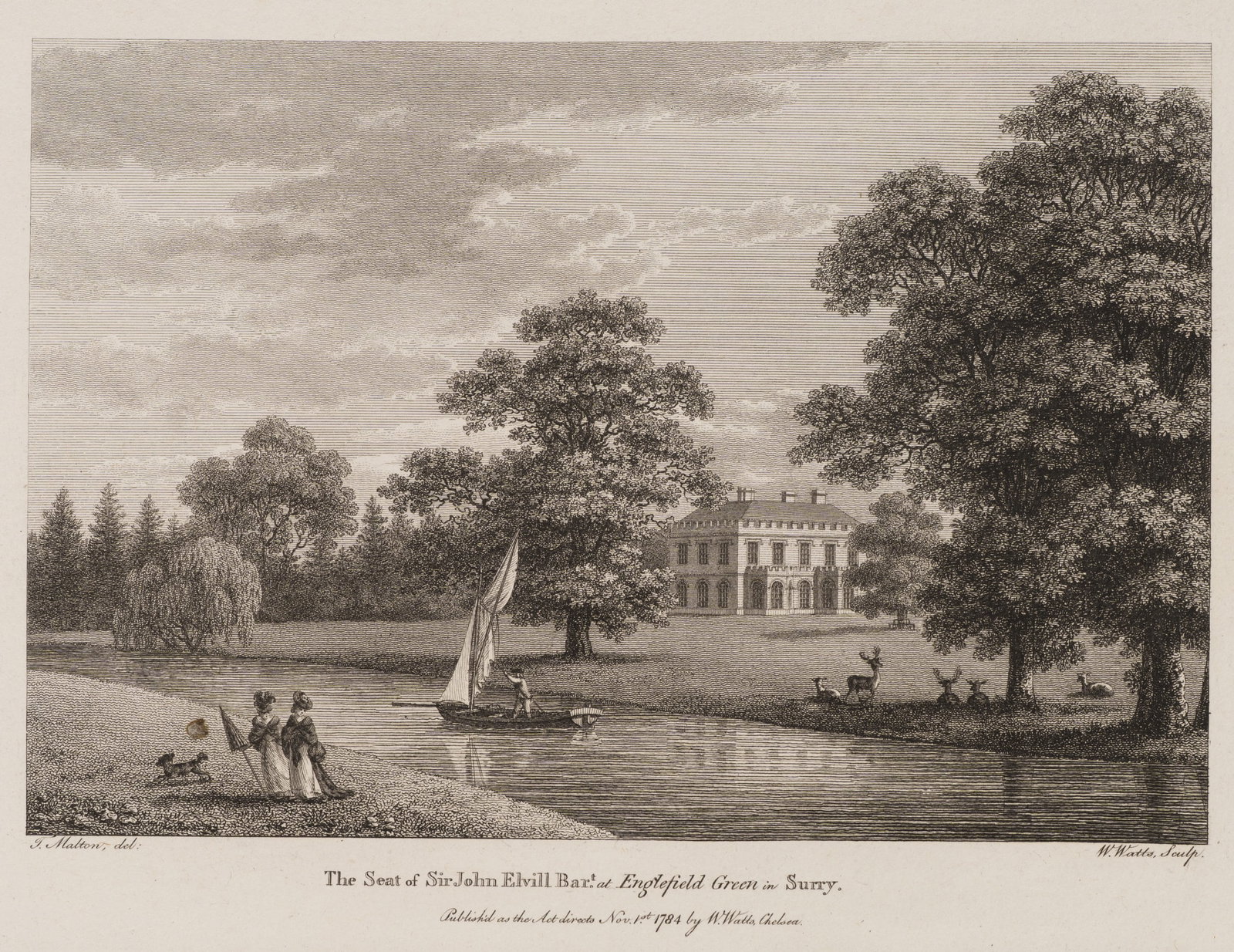 W. WATTS (*1752) after MALTON (*1748), Country estate near Englefield Green, 1784, Etching: William Watts (1752 - 1851 ) after Thomas Malton jun. (1748 - 1804 ): Country estate near Englefield Green View of Sir John Elvill's country estate at Englefield Green, Surrey, 1784, Etching Technique