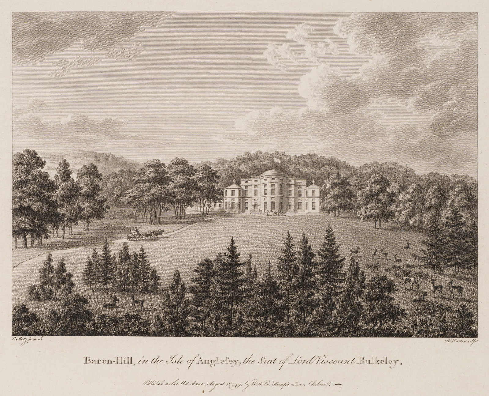 W. WATTS (*1752) after METZ (*1749), Baron-Hill on Anglesey, 1779, Etching: William Watts (1752 - 1851 ) after Conrad Martin Metz (1749 Bonn - 1827 Rom): Baron-Hill on Anglesey View of Baron-Hill on the Isle of Anglesey, the seat of Lord Viscount Bulkeley, 1779, Etching Techn