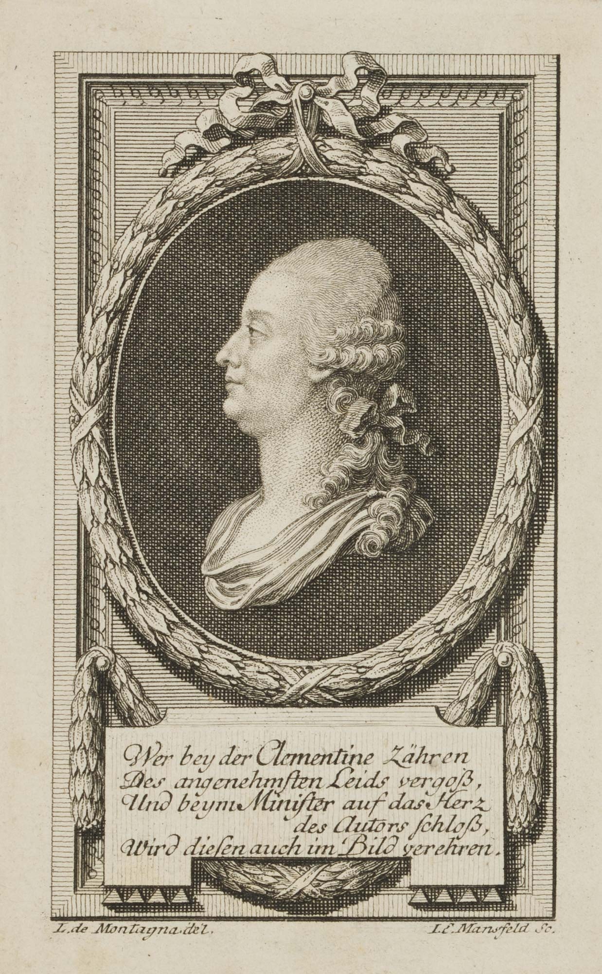 J. MANSFELD (*1739) after MONTAGNA (18th), Tobias Philipp von Gebler, Copper engraving: Johann Ernst Mansfeld (1739 Prague - 1796 Vienna) after Leopold von Montagna (18th century): Bust in profile as medallion of the playwright Tobias Philipp Gebler (c 1720 Greiz - 1786 Vienna), 18th cen