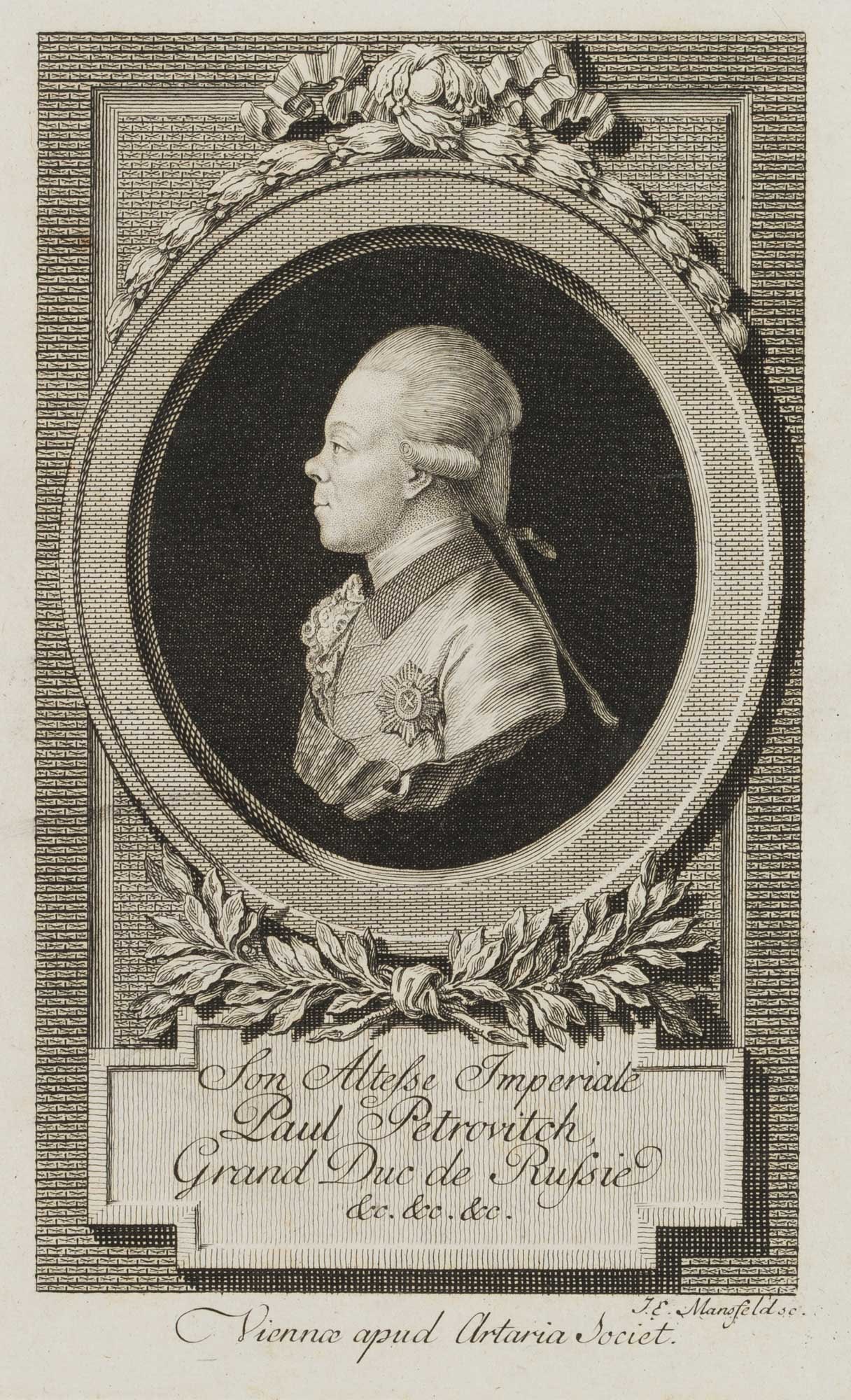 J. MANSFELD (*1739) after MONTAGNA (18th), Emperor of Russia, Paul I, Copper engraving: Johann Ernst Mansfeld (1739 Prague - 1796 Vienna) after Leopold von Montagna (18th century): Breast figure in profile in medallion of the Emperor of Russia, Paul I, actually Pavel Petrovich, 18th cent