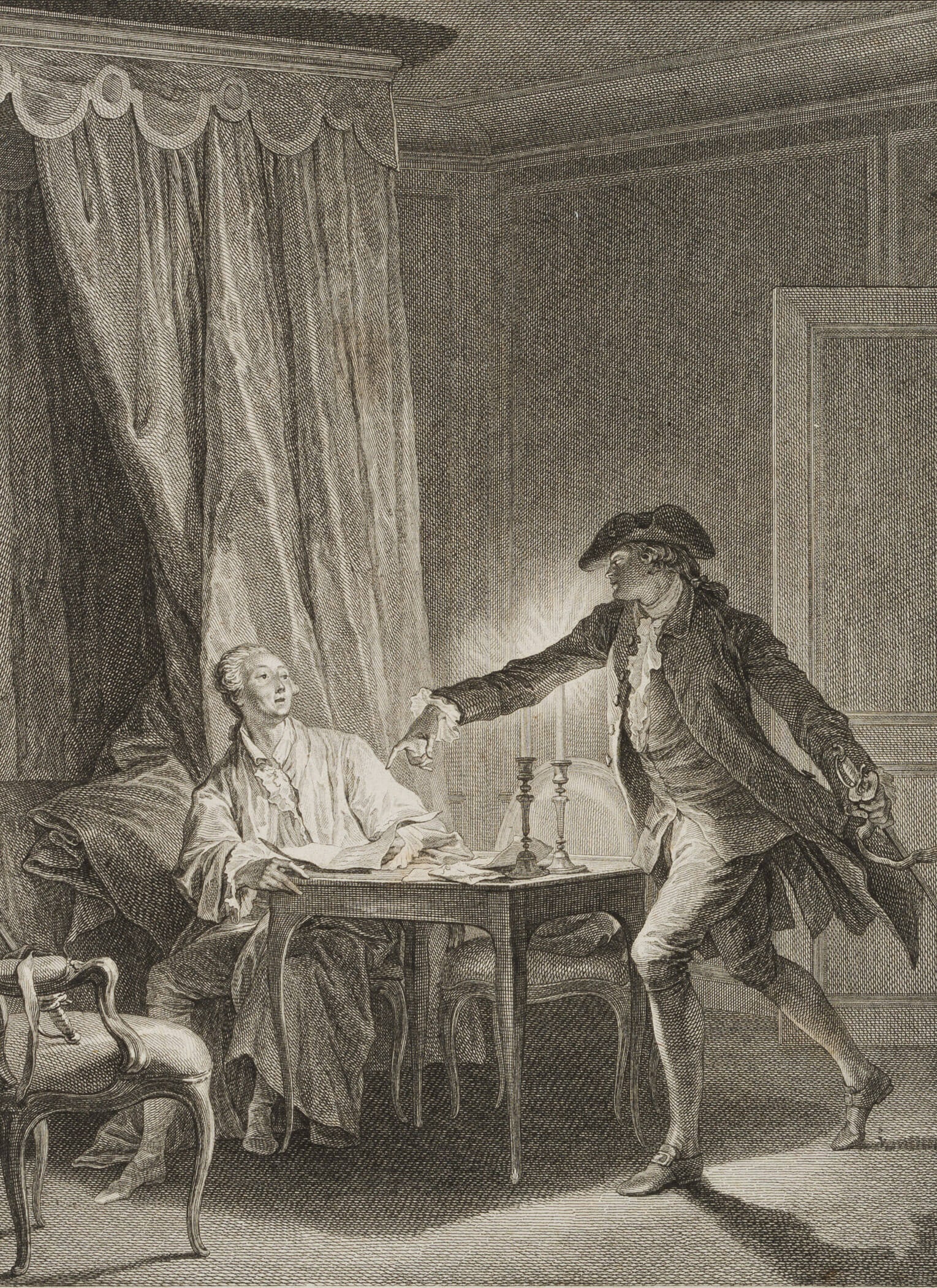 N. DELAUNAY (*1739) after MOREAU (*1741), A surprising challenge to a duel, 1774, Etching: Nicolas Delaunay (1739 Paris - 1792 ibid.) after Jean Michel Moreau (1741 Paris - 1814 ibid.): 'Ah! Jeune homme à ton bienfaiteur' Surprising invitation to a duel at night, 1774, Etching Techniqu