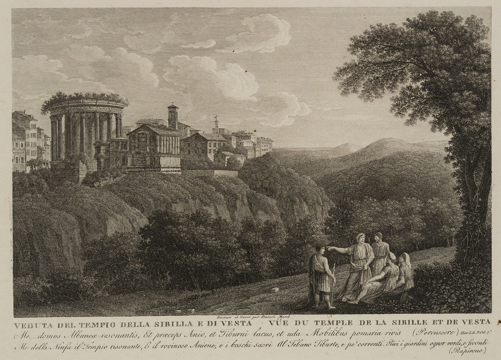 F. MOREL (1768-1830), Temple of the Sibyl and Vesta, around 1797, Etching: François Morel (1768 Franche-Comt - 1830 ): Veduta del Tempio Della Sibilla e di Vesta With lingering group of figures on the opposite slope, c. 1797, Etching Technique: Etching on Paper Inscript