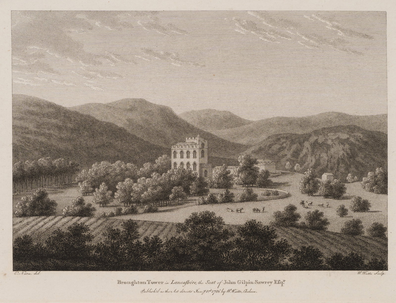 W. WATTS (*1752) after NATES (18th), Broughton Tower in Lancashire, 1786, Etching: William Watts (1752 - 1851 ) after C. Nates (18th century): Broughton Tower in Lancashire Broughton Tower in Lancashire, country residence of John Gilpin Sawrey in a wide valley landscape, 1786, Etchi