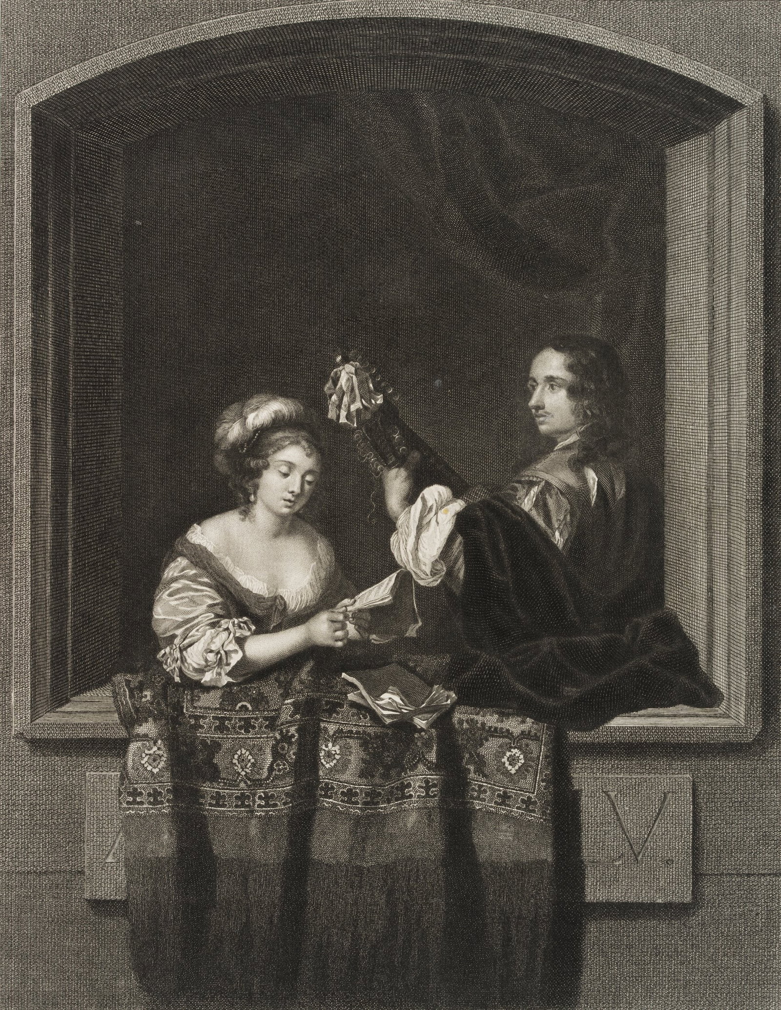 After NETSCHER (*1629), Singer and lute player at the window, around 1780, Copper engraving (1 of 5)