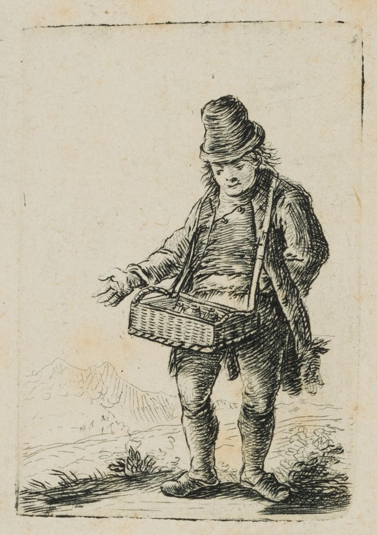 J. NOTHNAGEL (*1729), Street vendor with a vendor’s tray, Etching: Johann Andreas Benjamin Nothnagel (1729 - 1804 ibid.): Standing trader with vendor's tray strapped around his waist, 18th century, Etching Technique: Etching on Paper Date: 18th century Description: R