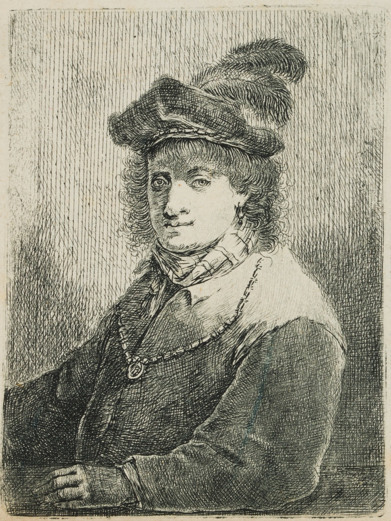 J. NOTHNAGEL (*1729), Young man wearing a feathered hat, around 1771, Etching: Johann Andreas Benjamin Nothnagel (1729 - 1804 ibid.): Young man with feathers on his beret, c. 1771, Etching Technique: Etching on Paper Inscription: General information: Known impressions bear Nothn