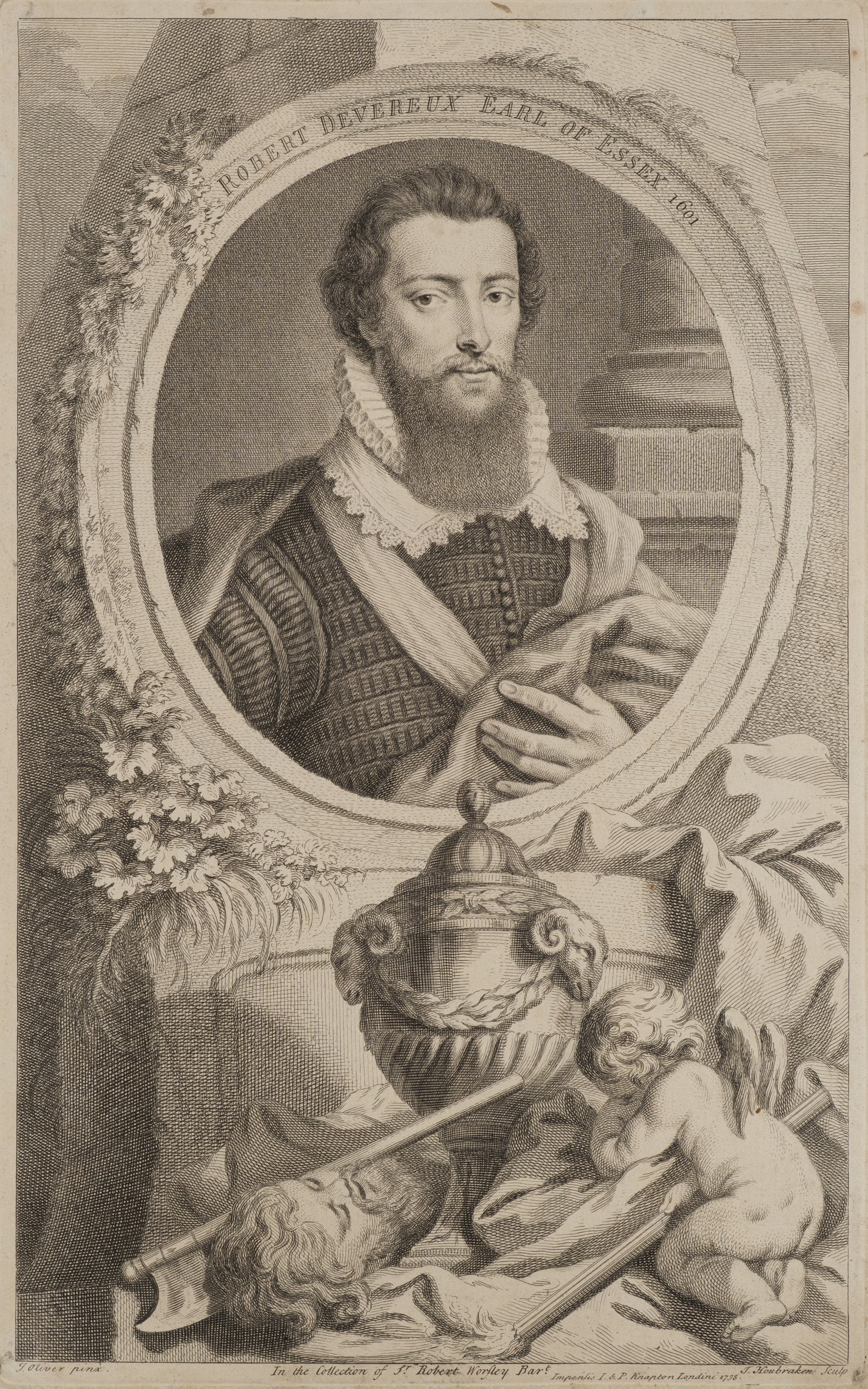 J. HOUBRAKEN (*1698) after OLIVER (*1556), Robert Devereux, Earl of Essex, 1738, Copper engraving (1 of 5)