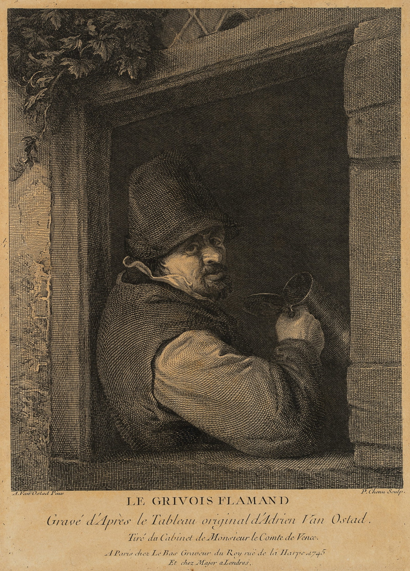 P. CHENU (*1718) after OSTADE (*1610), The Flemish Drinker, 1745, Etching: Pierre Chenu (1718 Paris - around 1786 ) after Adriaen van Ostade (before 1610 Haarlem - before 1685 ibid.): The Flemish Drinker, 1745, Etching Technique: Etching and Copper engraving on Paper Inscrip