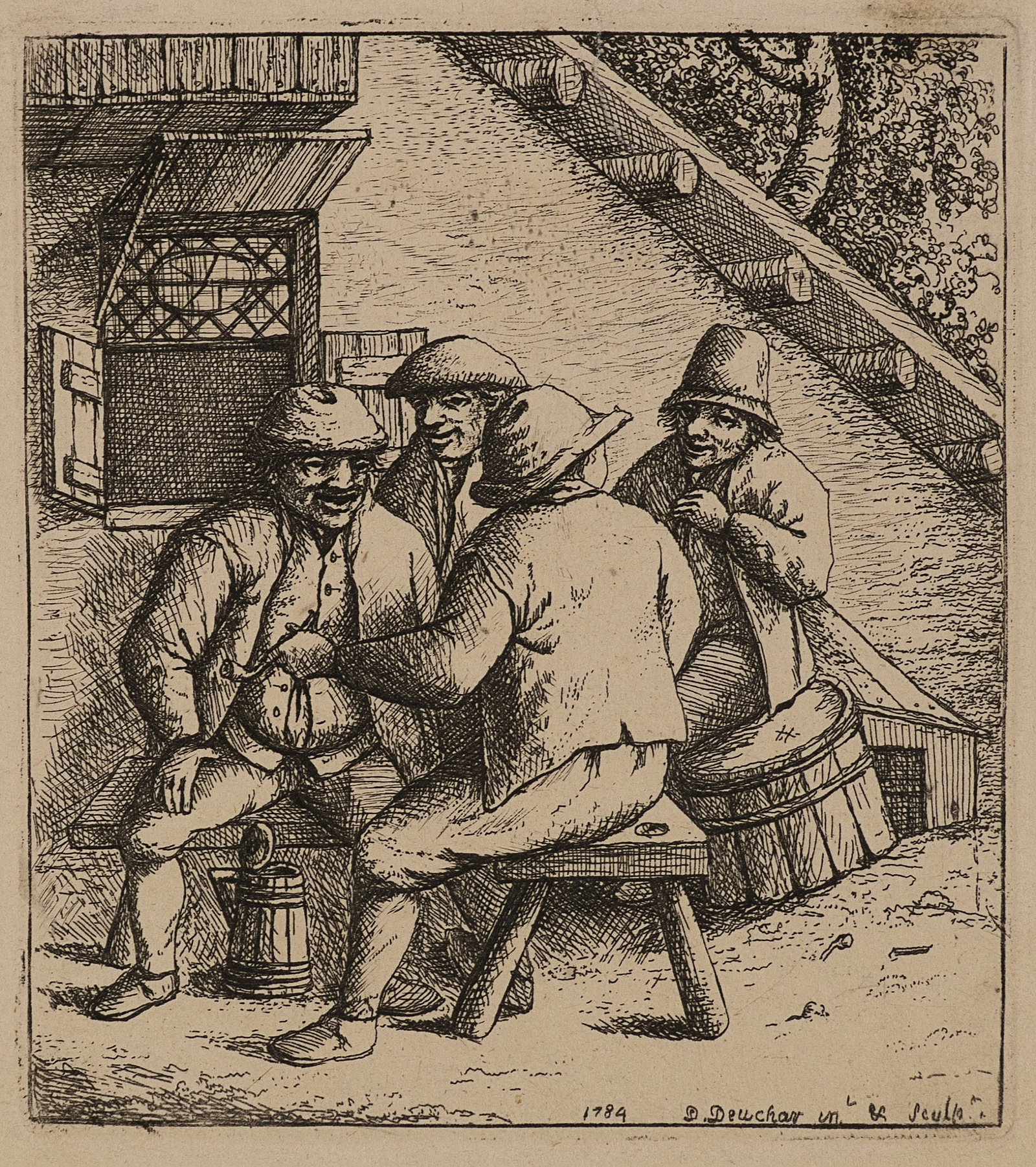 D. DEUCHAR (*1743) after OSTADE (*1610), A conversation in the courtyard, 1784, Etching: David Deuchar (around 1743 Montrose (Angus) - 1808 Edinburgh) after Adriaen van Ostade (before 1610 Haarlem - before 1685 ibid.): Conversation in the courtyard Four men in humorous conversation in fro