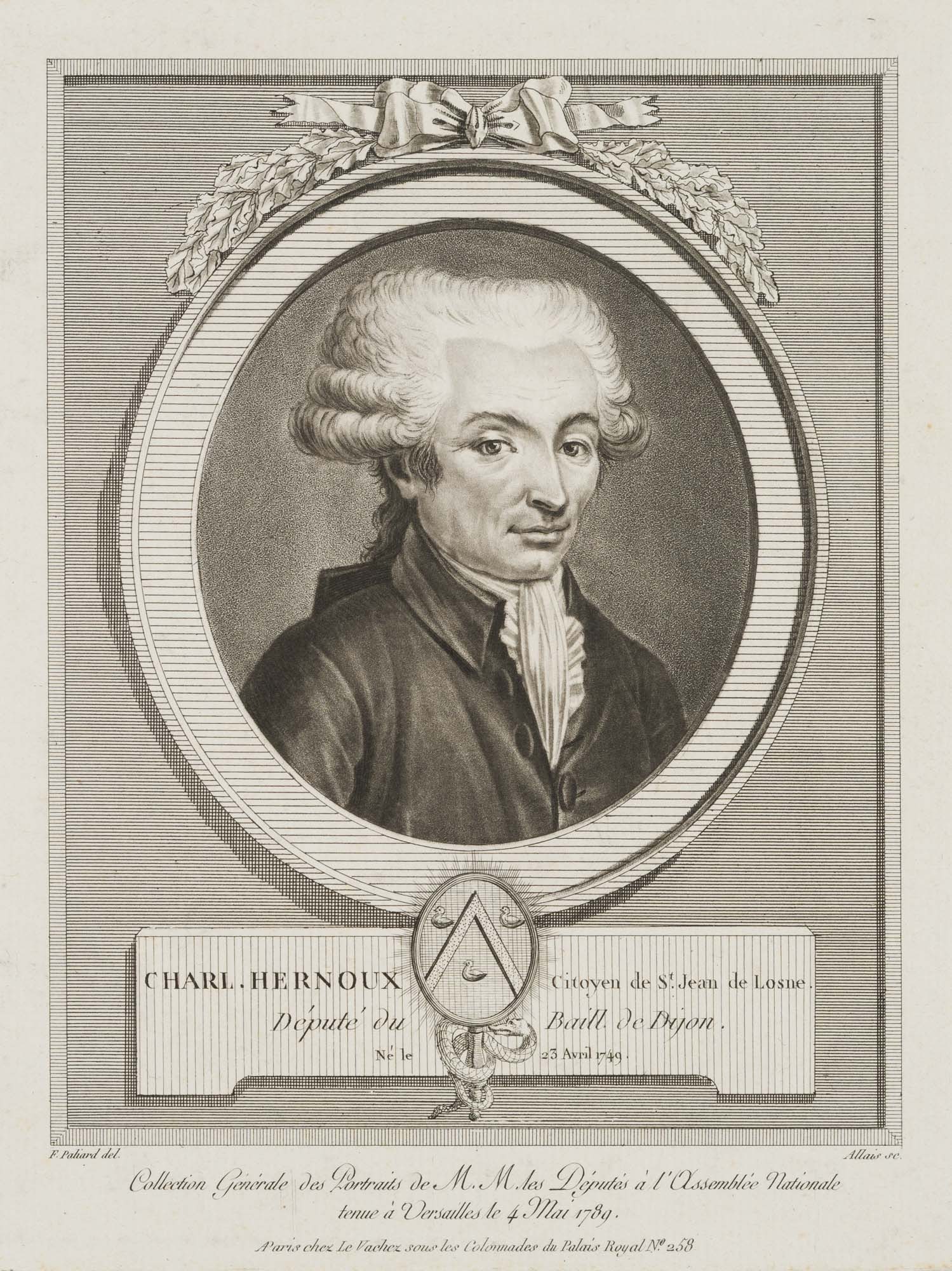 L. ALLAIS (*1762) after PALIARD (18,19th), Charles Hernoux, 1790, Etching: Louis Jean Allais (1762 - 1833 ) after F. Paliard (18./19. century): Charles Hernoux, citizen of St Jean de Lasne, 1790, Etching Technique: Etching and Aquatint on Paper Inscription: Below with coat o
